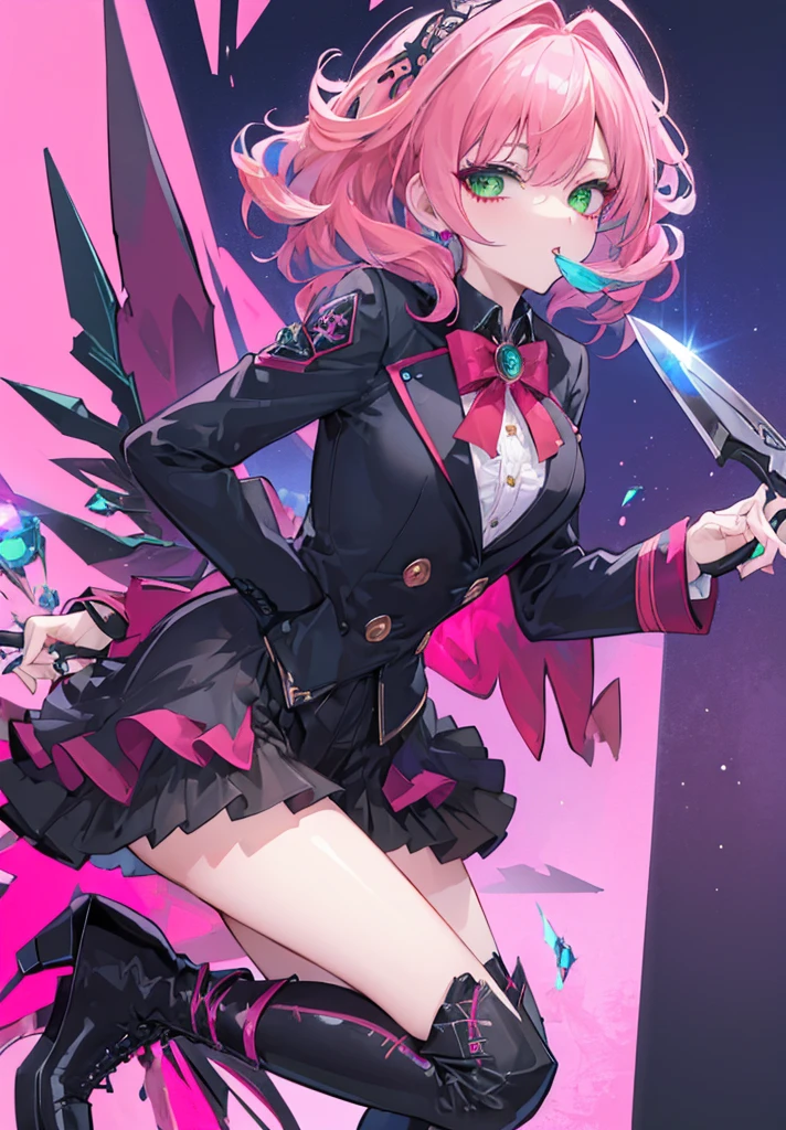 (((Top quality ultra detailed,Unity 8K))),Twin Drill, Emerald Eyes ,Pose,blazer:1.1 (Gothicta:1.2),,Short bangs, lace up boots ,Pink Hair,Medium Hair,knife,lick&#39;Lips,Looking down, (( Viewer :1.3)),Looking down,smile,Full Body,Stangling:1.2. Leaning Forward