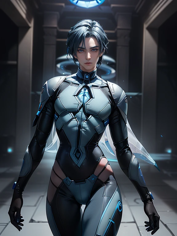 (masterpiece,best quality,ultra_detailed,highres,absurdres), (detailed shadow), (quality light), *****ung_male:1.9) (cortana_boy:1.6) (with bulge:1.7), 30-ish, (slanted_eyes:1.2), (muscleale focus), (solo:1.5), short Quiff hair with Soft Fringe (bangs part on side 3:7 ratio), blue_eyes (detailed eyes), androgynous young beautiful pretty cute elegant (halo_cortana) (in blue_skin and blue_suit:1.8) is (walking outdoors:1.4), (science_fiction, game) (eyelashes), (thigh_gap), pectorals, (wide_flat_chest, wide_shoulders:1.7), (big_wide_hips, big_wide_pelvis:1.7), (thin_waist, dented_waist, waist_narrower_and_thinner_than_neck:1.7), (en_face, side_view:1.1), (swayback, curvy_waist, arched_back), (warm_smile:1.2), short hair, looking at viewer, parted lips, ((PERFECT_FACE)), ((finely_detailed_beautiful_eyes_and_detailed_face)), (best_illumination, best_shadow, an_extremely_delicate_and_beautiful)