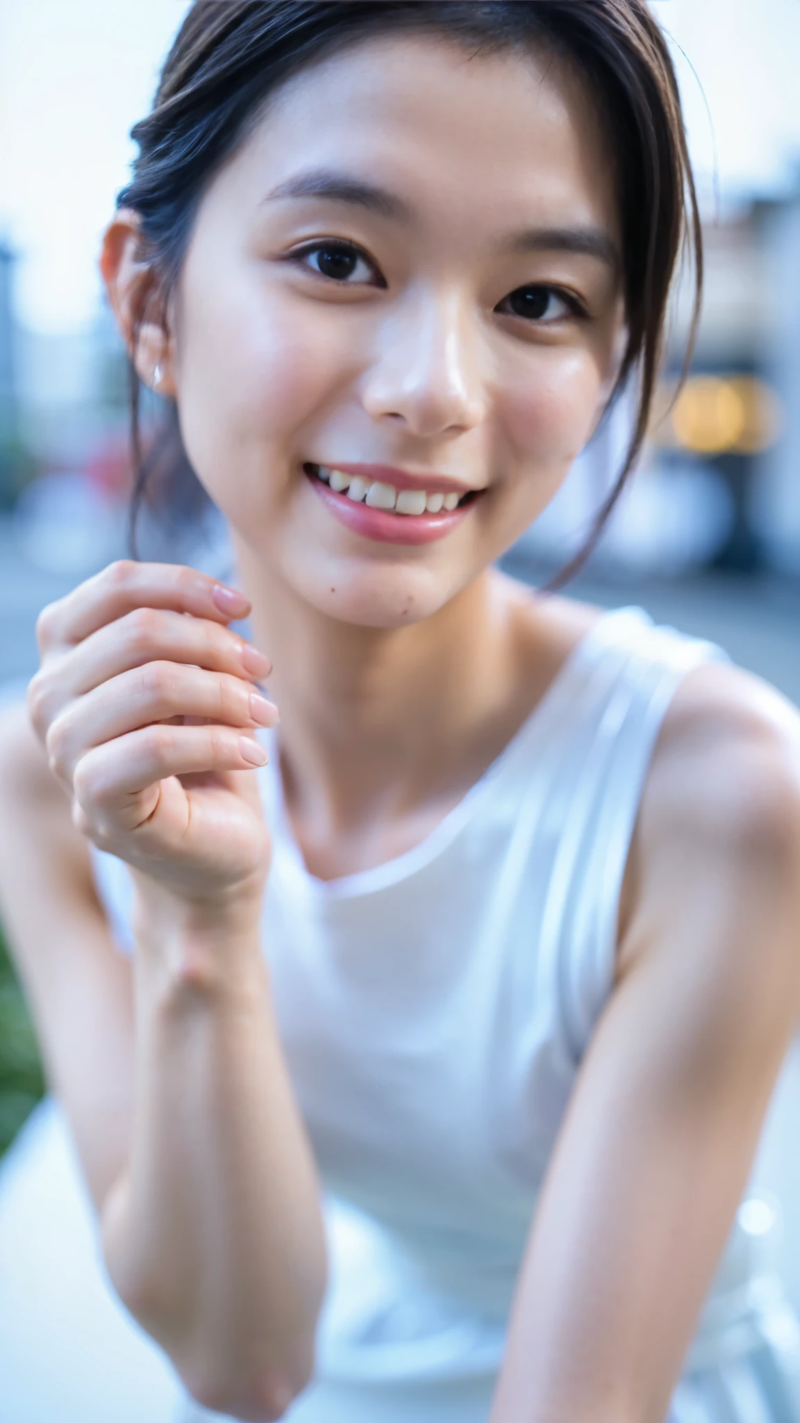 Best Quality,masterpiece,Ultra-high resolution,High-definition RAW color photos,Professional photos,Natural skin texture,Fine skin,Hyperrealism, Japanese Woman ,Short black hair,(Cute smile,Beautiful white skin,Walking around the city,white chiffon dress,High heels,walking,(face focus,Close-up of face))