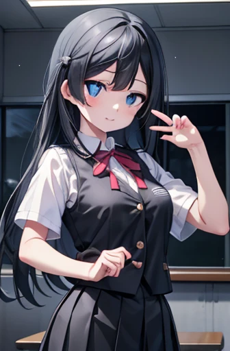 setunayuuki, Setsuna Yuuki, ( black eyes:1.5),  Black Hair , Long Hair,  I saw only one side up , (Medium Breast:1.2), 
break armband, Blue vest, button, collared shirt, dress shirt, grey skirt, Neck ribbon, nijigasaki academy Student Uniform, Check pattern, Check pattern skirt, pleated skirt, Red ribbon, ribbon, Student Uniform, shirt, Short sleeve, skirt, Summer clothes, vest, white shirt,
break looking at viewer, 
break indoors, classroom, 
break (masterpiece:1.2), Best Quality, High resolution, Unity 8K Wallpaper, (figure:0.8), (Beautiful detailed eyes:1.6), Highly detailed face,  perfect lighting, Extremely detailed CG, (Perfect hands, Perfect Anatomy),Large Breasts、