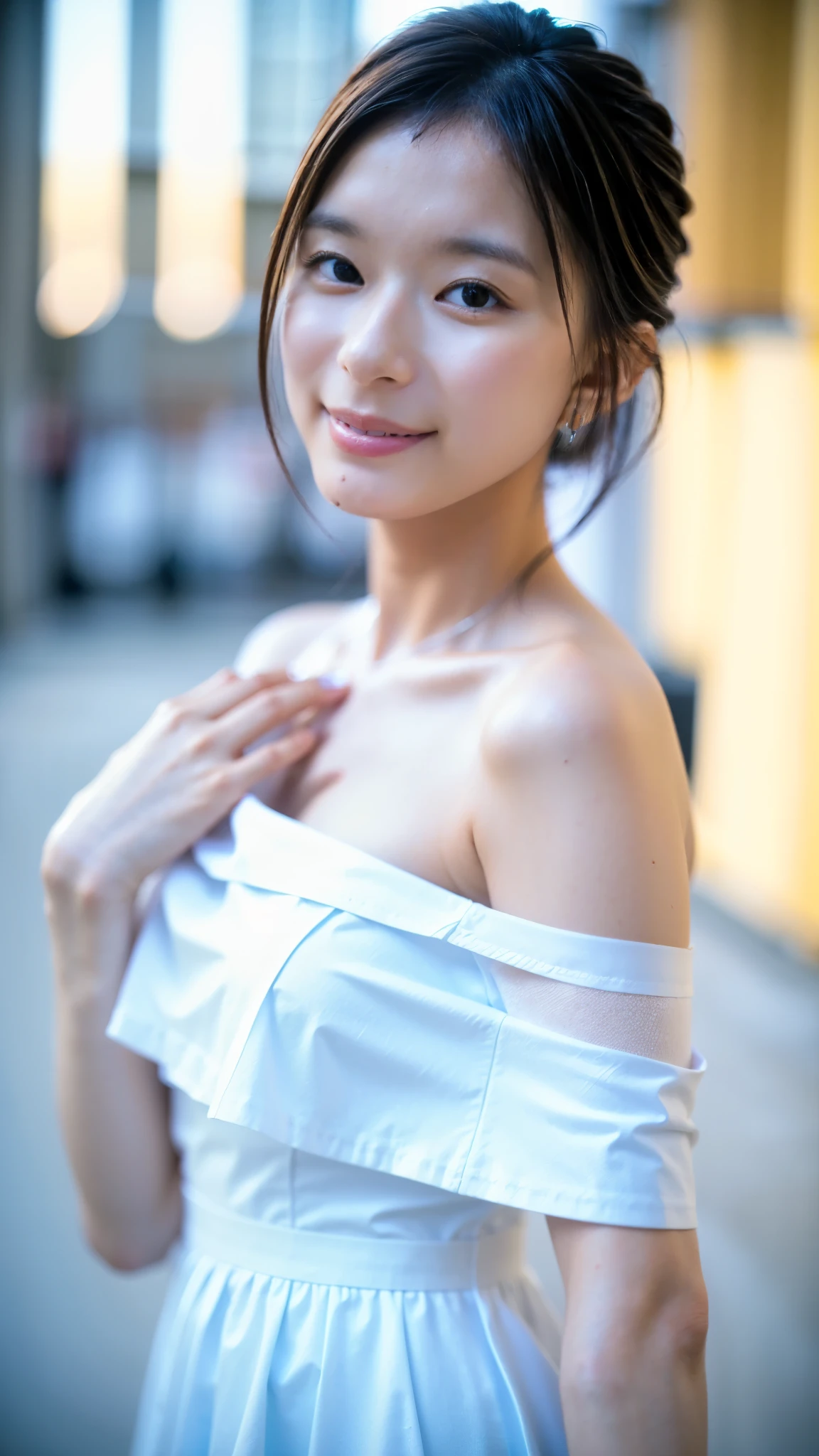 Best Quality,masterpiece,Ultra-high resolution,High-definition RAW color photos,Professional photos,Natural skin texture,Fine skin,Hyperrealism, Japanese Woman ,Short black hair,(Cute smile,Beautiful white skin,Walking around the city,white off-shoulder chiffon dress,High heels,walking,gigantic breast,(face focus,Close-up of face))