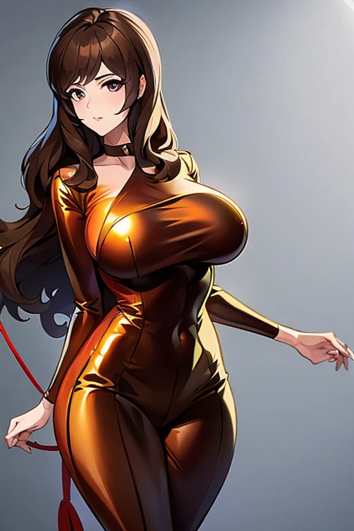  Japanese Woman 　Mine Fujiko　beautiful　 dark brown wavy hair 　Glamorous figure　Catsuit　Wall thickness　Tightened with a rope