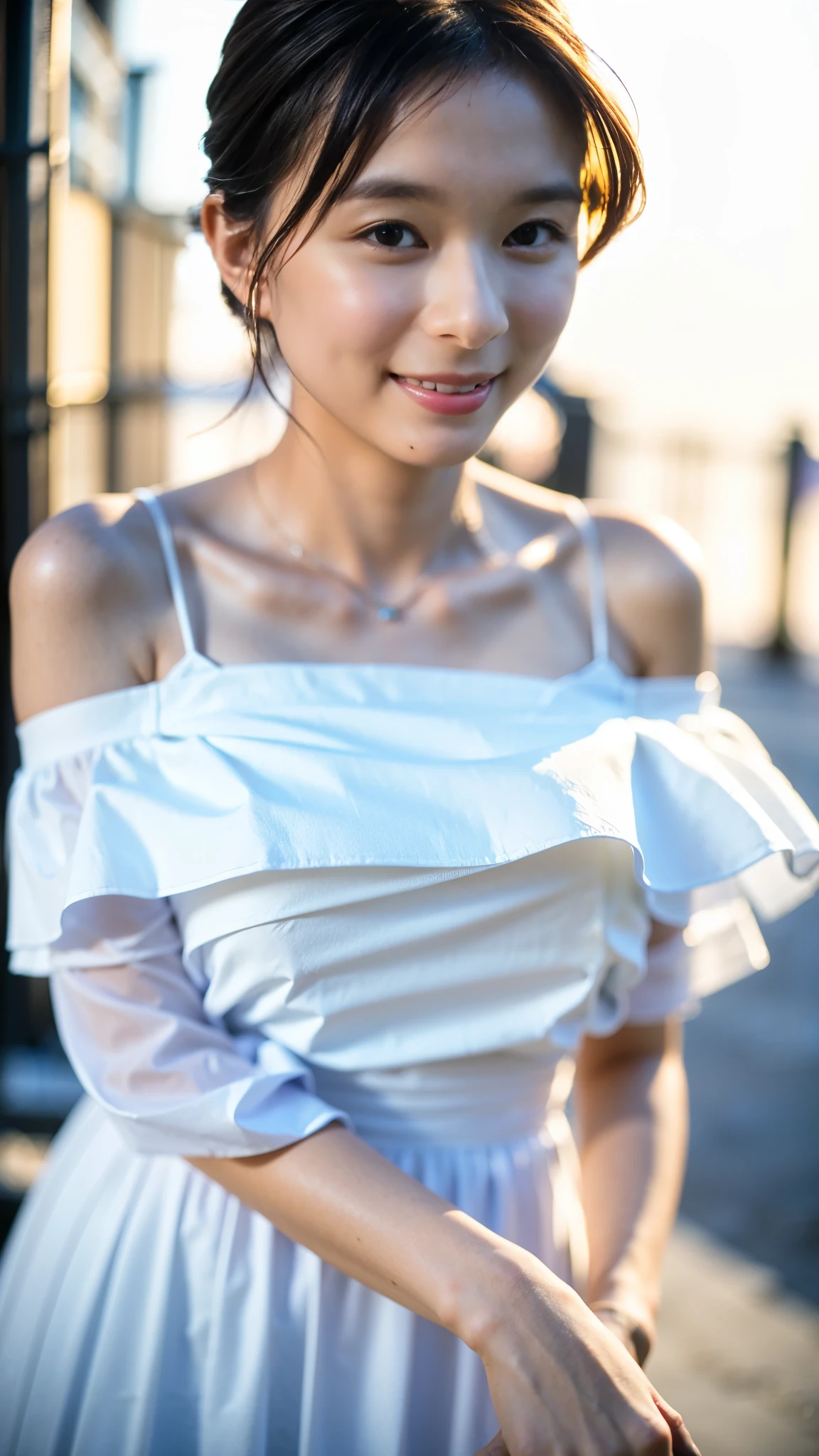 Best Quality,masterpiece,Ultra-high resolution,High-definition RAW color photos,Professional photos,Natural skin texture,Fine skin,Hyperrealism, Japanese Woman ,Short black hair,(Cute smile,Beautiful white skin,Walking around the city,white off-shoulder chiffon dress,High heels,walking,gigantic breast,(face focus,Close-up of face))