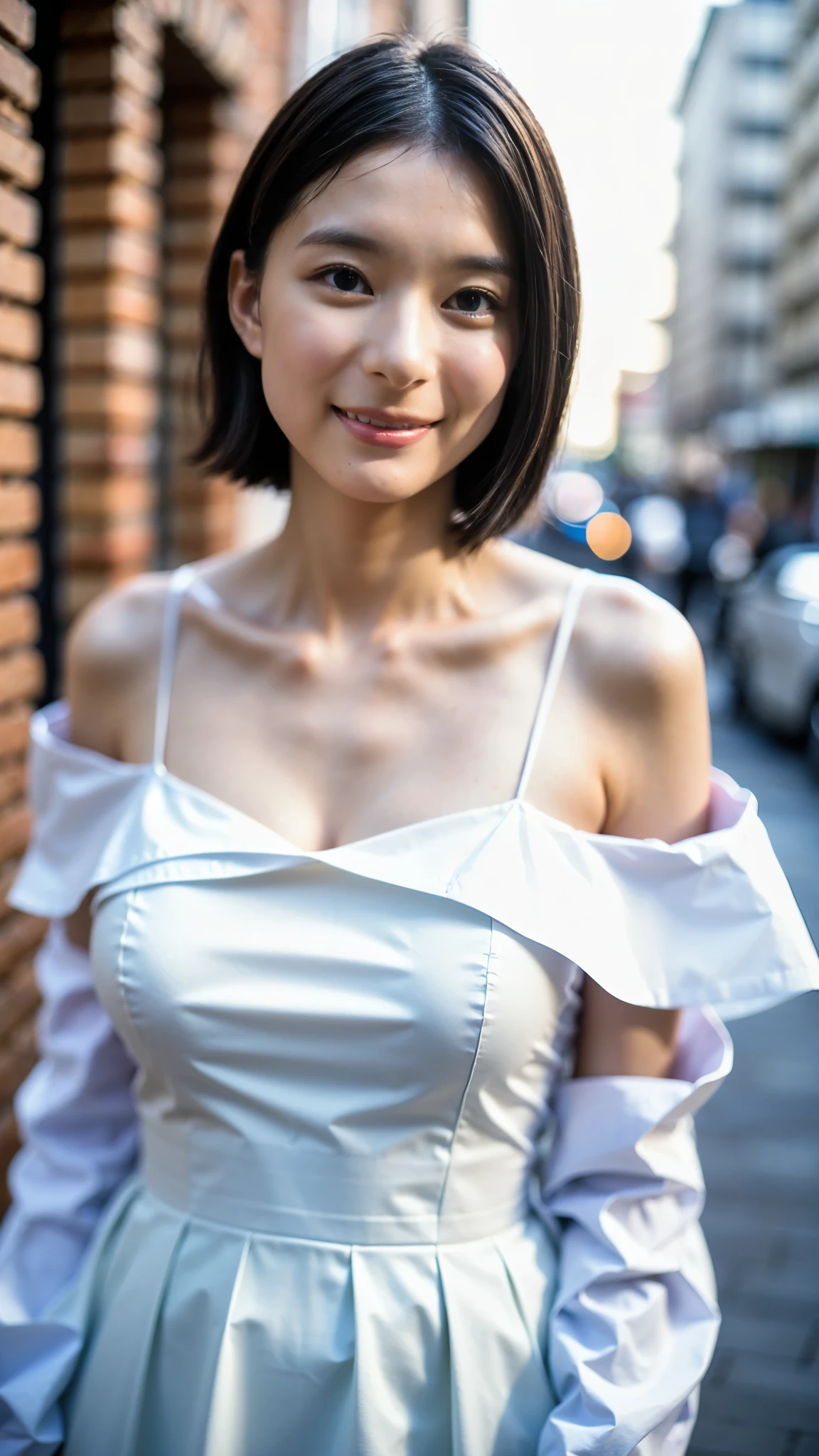 Best Quality,masterpiece,Ultra-high resolution,High-definition RAW color photos,Professional photos,Natural skin texture,Fine skin,Hyperrealism, Japanese Woman ,Short black hair,(Cute smile,Beautiful white skin,Walking around the city,white off-shoulder chiffon dress,High heels,walking,gigantic breast,(face focus,Close-up of face))