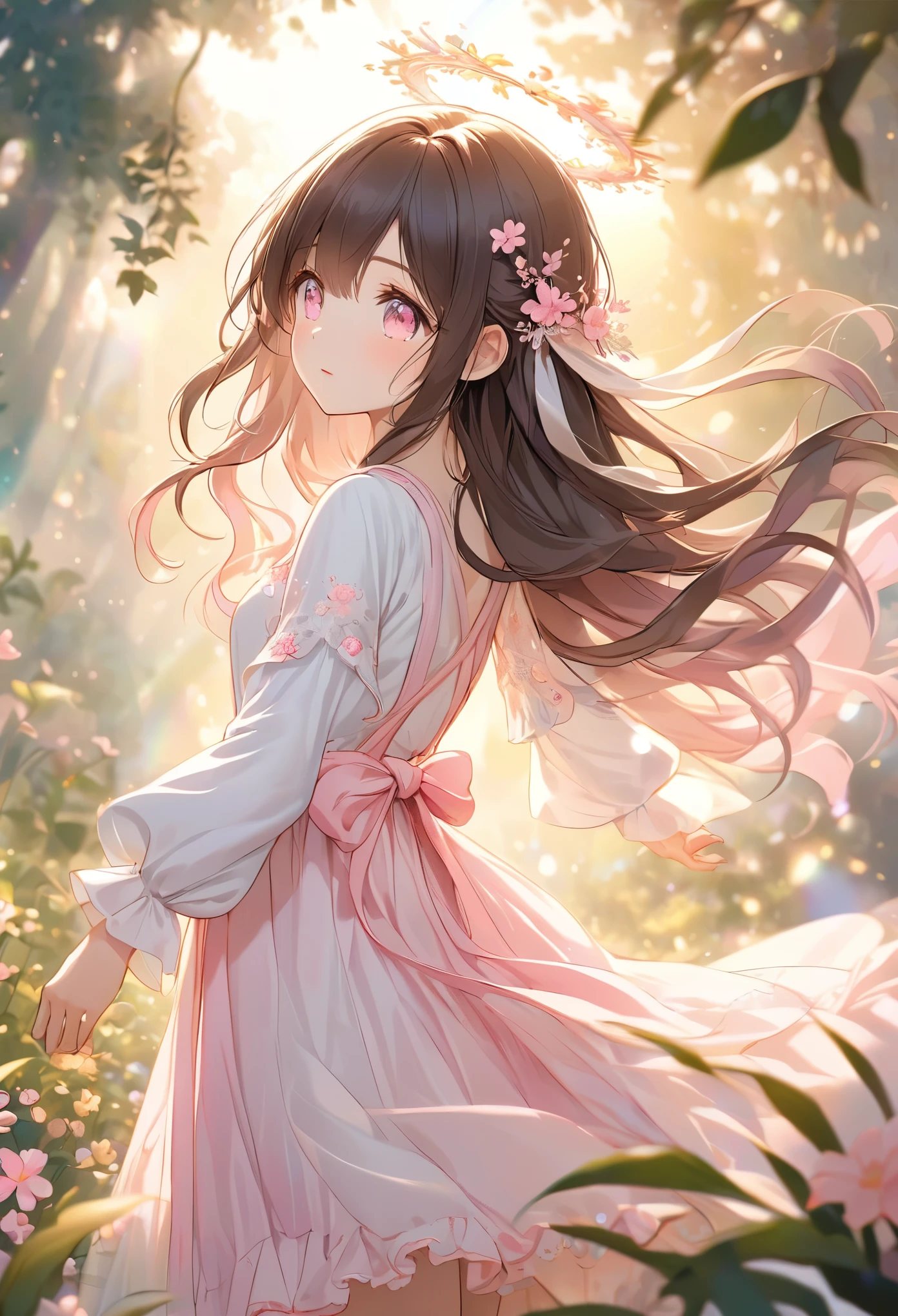 masterpiece, best quality, ultra-detailed, pastel, 1girl  ,standing gracefully amidst a dreamy, nature-filled backdrop, her long, wavy dark hair cascades down her back, catching the soft golden light from the rainbow sky, her large, expressive pink eyes gaze forward with a gentle yet curious expression, she is dressed in a flowing pink and white dress, the fabric delicately rippling as if caught by a soft breeze, the details of her dress are finely rendered, with intricate stitching on the hem and soft ruffles around her sleeves and skirt, the light catches on the soft, smooth texture of the fabric, highlighting the pastel tones, a delicate ribbon is tied in her hair, the soft light from the sky reflects gently off her hair, creating a soft halo effect, the background is softly blurred with a bokeh of nature—faint trees and flowers, giving the scene depth while maintaining the focus on her serene figure, her expression is calm yet filled with quiet curiosity, as if she’s caught in a moment of contemplation, the overall atmosphere is one of peace and tranquility, with the soft light and intricate details creating a lifelike and serene portrait.