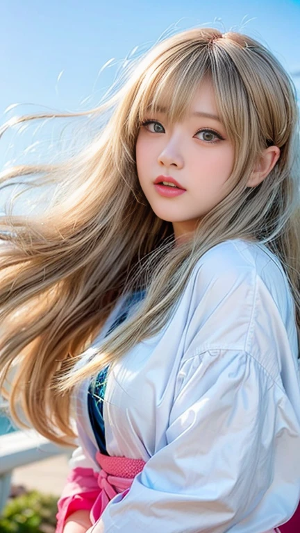 Sexy big 、18 years old beautiful girl sexy and cute looks and cute, Beautiful and sexy face、A strong wind blows my hair in front of my face、Long, metallic pink blonde straight hair、Beautiful, cute and sexy eyes hidden behind long bangs。