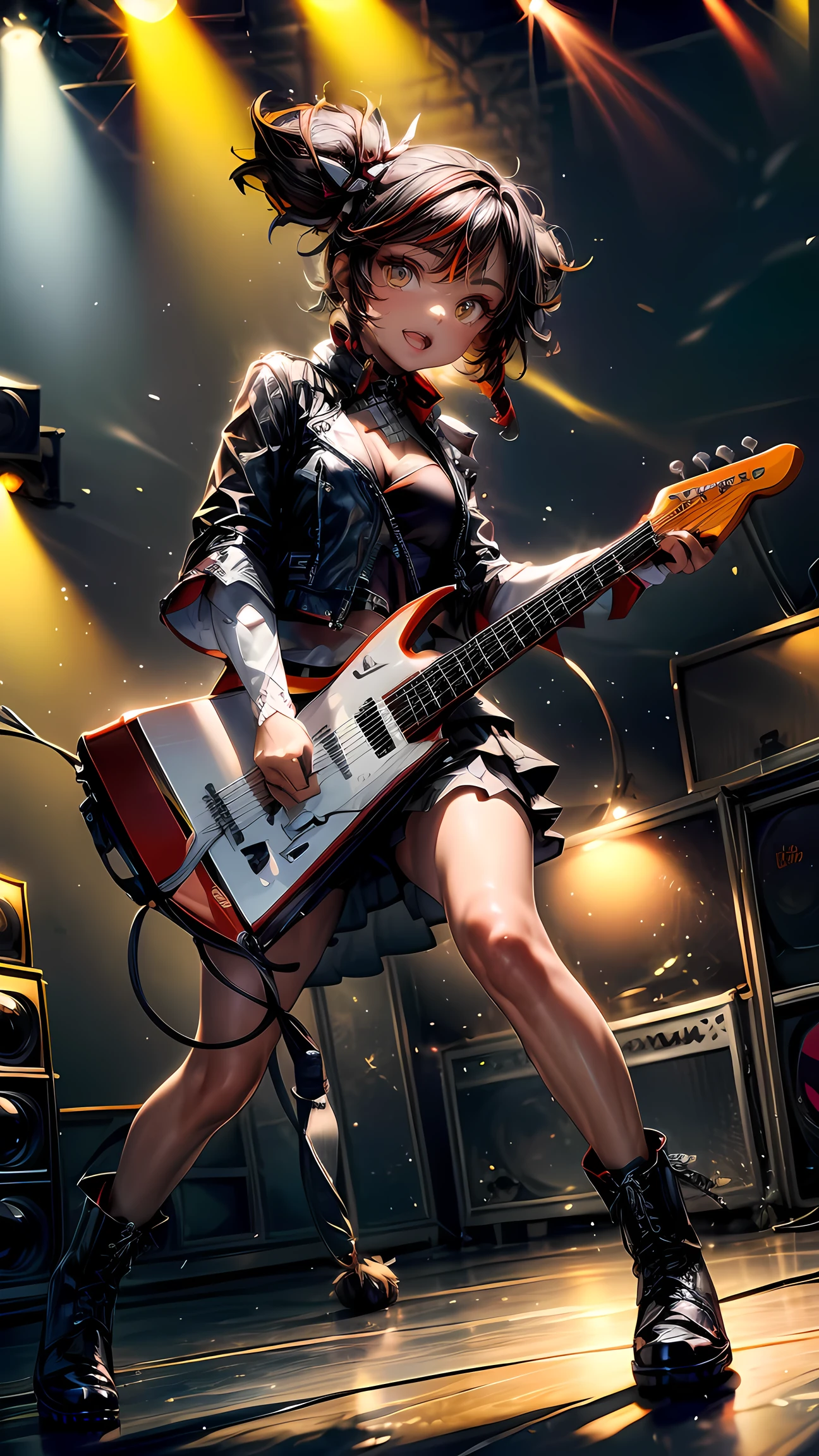 (masterpiece), best quality, expressive eyes, perfect face, face shot, wavy hair, view from below, Xinyan_Genshin Impact, ((holding an electric guitar)), on a stage, ((metal concert)), singing, microphone stand, microphone, energetic face, xinyandef, xinyanrnd, leather jacket, punk boots, metal hand sign,