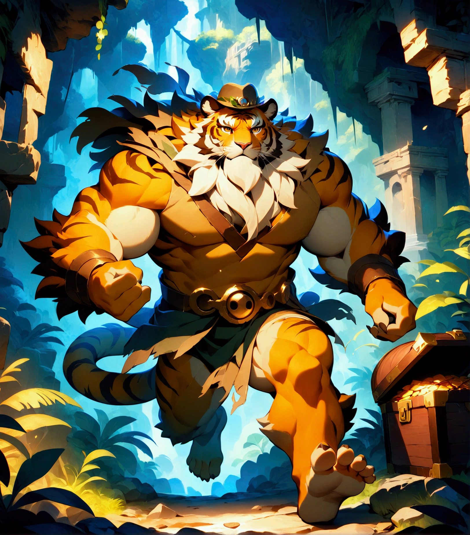 treasure hunter, a plump middle-aged tiger man, full body in Michelangelo Buonarroti style, digital illustration anime, character focus, full body, looking away, dynamic angle, BREAK clothed, costume, hat, half pants, holding treasure chest, run away, running through a forest, dynamic pose, detailed painting landscape, jungle ruins, outdoor, BREAK complete anatomy, perfect proportions, beautiful thigh gap, fluffy body, intricate fur details, beautiful fur texture, BREAK detailed tiger tail, detailed toe, 5toes, 5toes nails, beautiful foot, detailed hands, 5fingers, 5fingers nails, BREAK aesthetic anime face, insanity detailed face, male face, big face, square jawline, aesthetic anime eyes, detailed brown eyes, detailed brown cornea, detailed dark brown irises, detailed pupils, male eyes, big eyes, male eyebrows, innocent look, beautiful beard, BREAK masterpiece, official art, best quality, very aesthetic, absurdres, super fine illustration, great quality, BREAK noise reduction, very highres, large filesize, high quality, 32K, 8k wallpaper, dynamic lighting, BREAK insanity detailed, ultra detailed, intricate details, extremely detailed, detailed texture, an extremely delicate and beautiful, full color, HDR, BREAK e621 illustration, Fur Affinity illustration, osukemo, kemohomo, anthropomorphic, furry, cartoon, harmonious eyes, pastoral face, virtuous body, epic atmosphere 