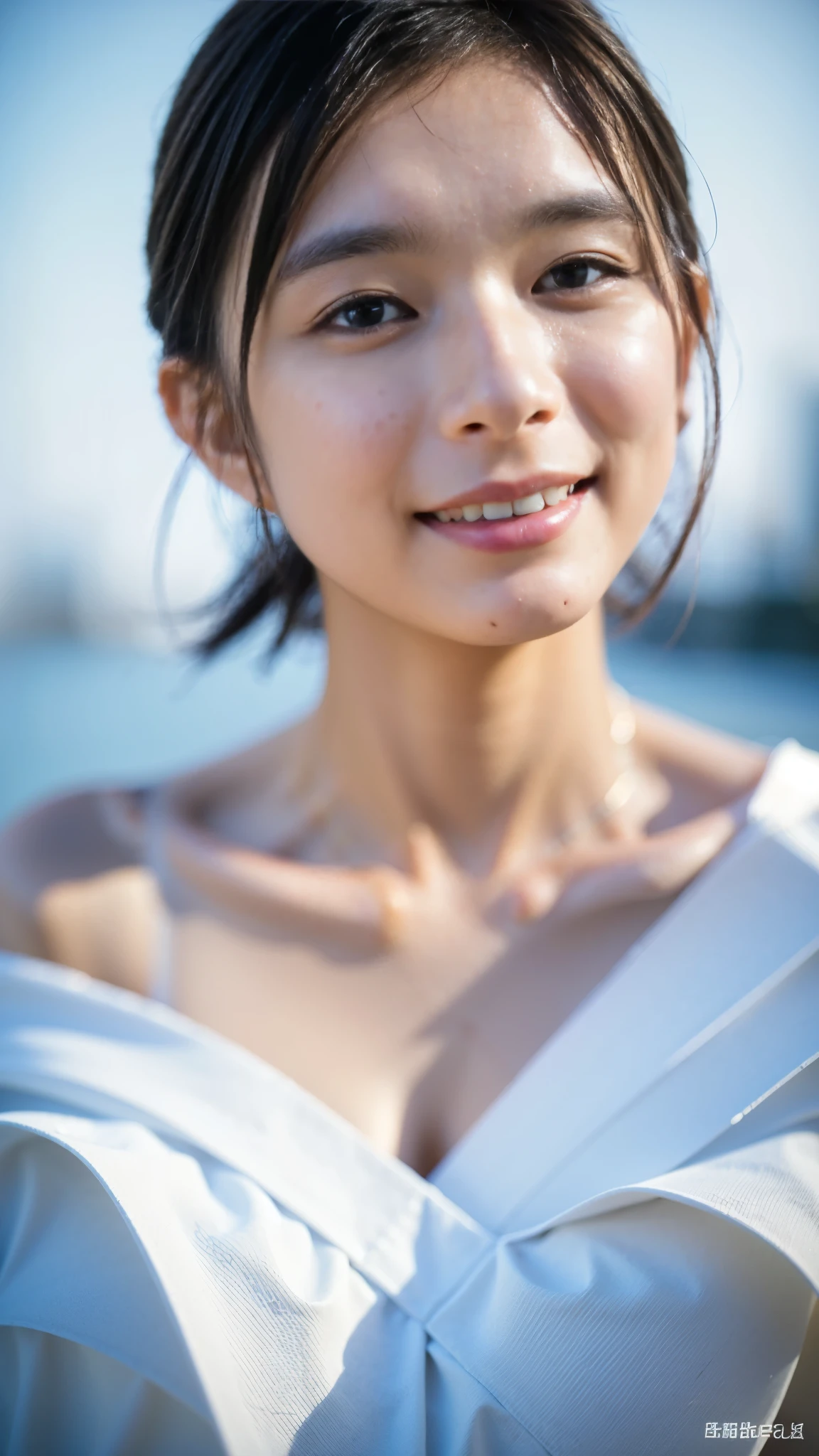 Best Quality,masterpiece,Ultra-high resolution,High-definition RAW color photos,Professional photos,Natural skin texture,Fine skin,Hyperrealism, Japanese Woman ,Short black hair,(Cute smile,Beautiful white skin,Walking around the city,white off-shoulder chiffon dress,High heels,walking,gigantic breast,(face focus,Close-up of face))