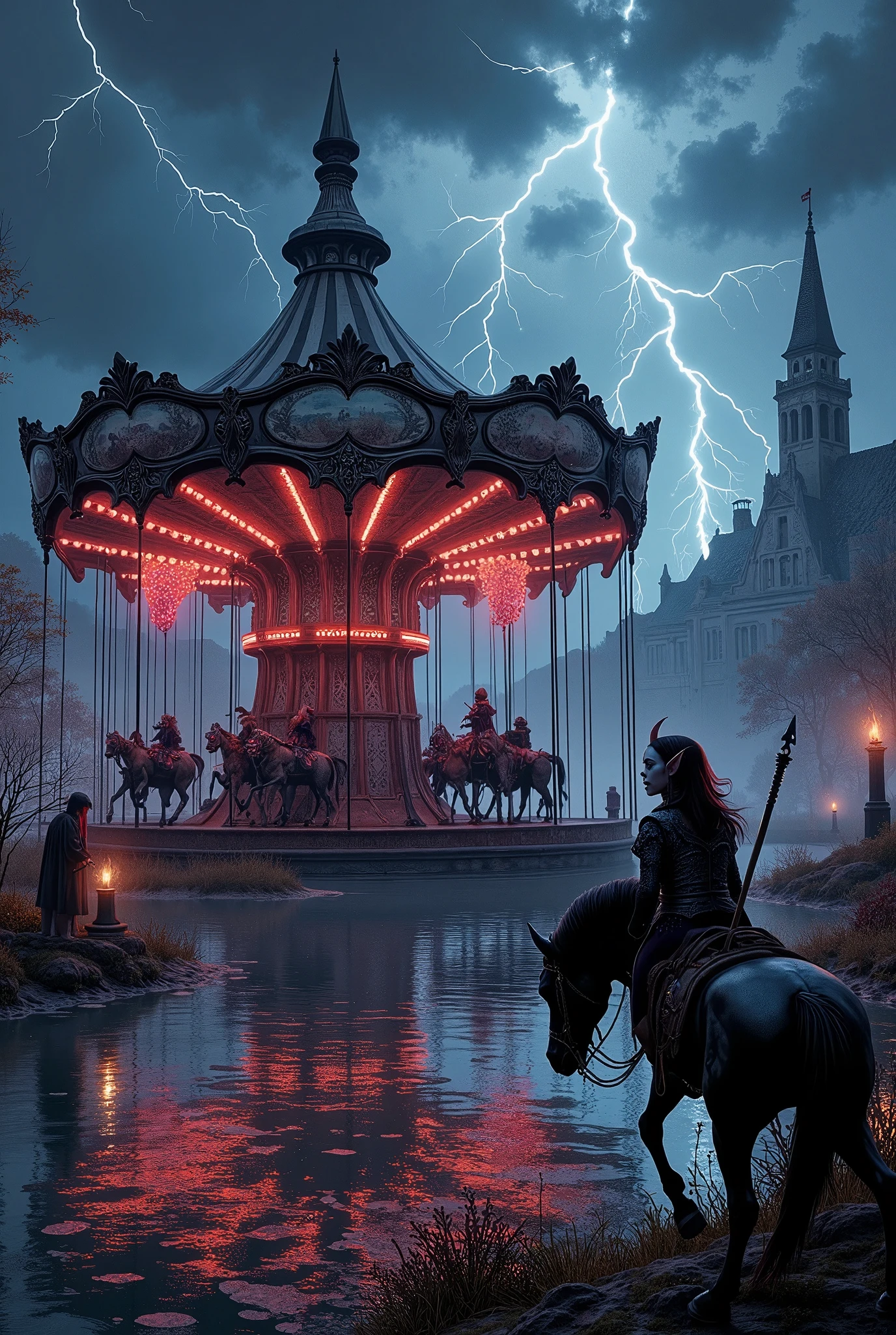 (Ultra-detailed face, Looking away, Fantasy Illustration with Gothic, Dark tone colors. A viewpoint looking slightly up from the ground.), BREAK 
(This is an amusement park in a world where magic and machines have merged. A large merry-go-round of black horses whirls around in a dark pond. Hellfire erupts from the horse's mouth, and its eyes glow red. On the back of one of the horses, a dark elf woman in clown makeup is enjoying the attraction with a high pitched laugh.), BREAK 
(Low over the merry-go-round, a thundercloud looms overhead, and blue-white lightning bolts crackle in the ponds around the merry-go-round, evaporating the water in the ponds.)