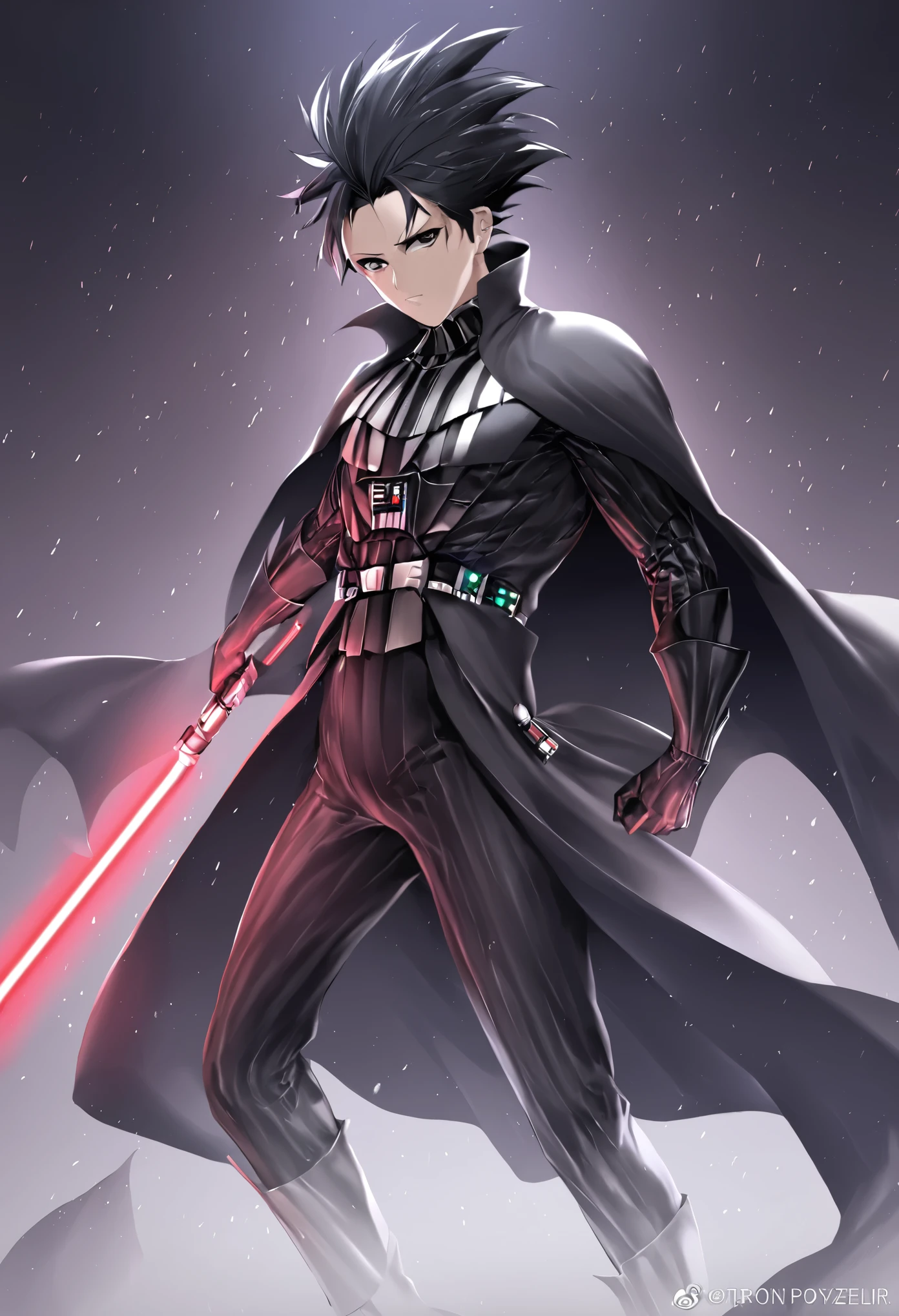 1boy, male focus, ponyzeldris, black hair, short hair, spiked hair, black eyes, muscular, Darth vader suit, red light saber