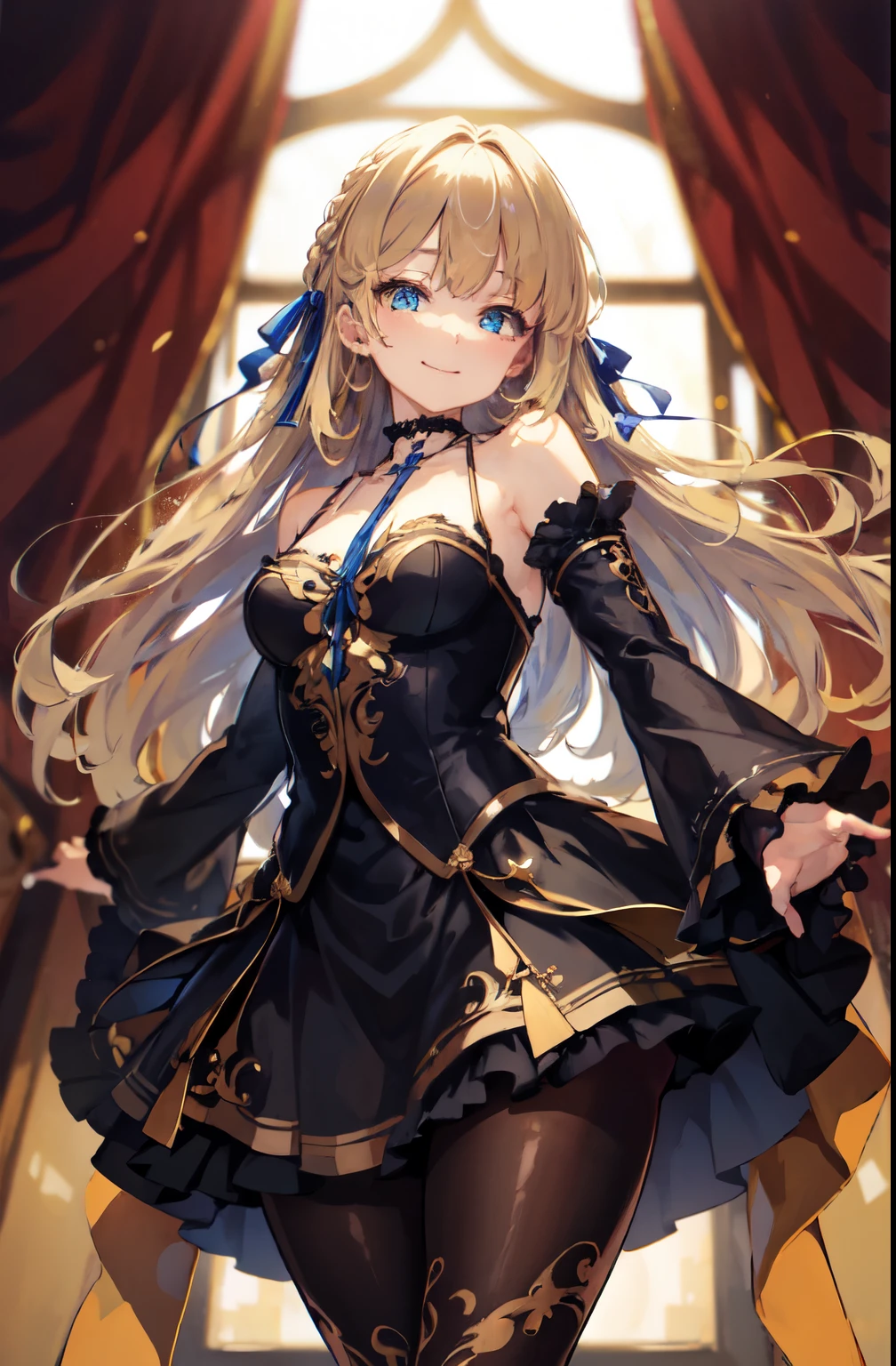 ultra detailed, masterpiece, Best Quality, Midea, detailed,, Alone, Soft Smile, A light smile,
 1 girl , blue eyes, Very long hair, Blonde, long Blonde, french braid, bangs, medium breasts,, hair ribbon, Frill Choker, Cross Halter,  sleeveless dress,  high waist skirt, Backless Dress, Waist ribbon,  separation sleeve, Ruffle sleeves, wide sleeves, pantyhose, Patterned Legwear , Mary Jane,