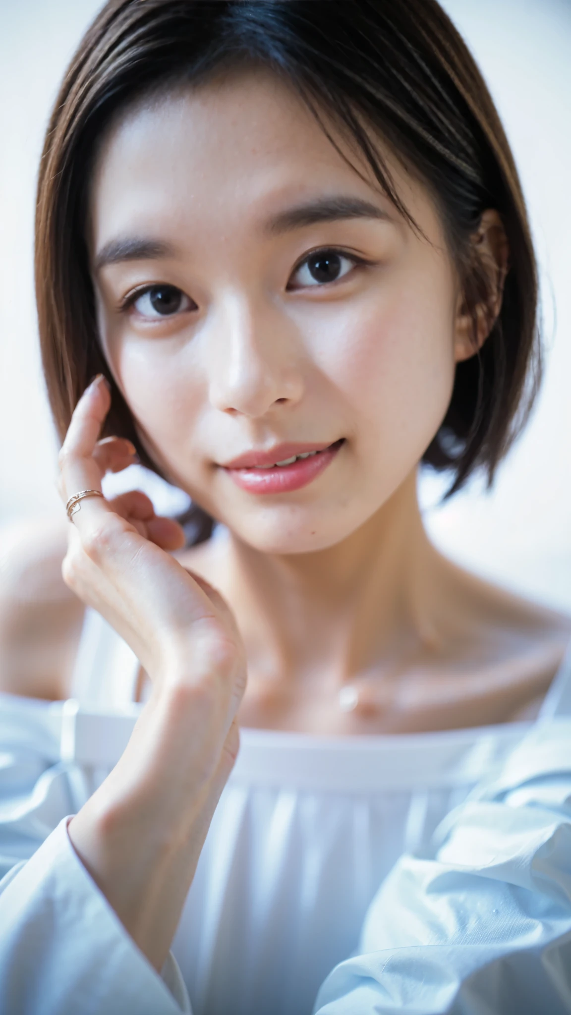 Best Quality,masterpiece,Ultra-high resolution,High-definition RAW color photos,Professional photos,Natural skin texture,Fine skin,Hyperrealism, Japanese Woman ,Short black hair,(Cute smile,Beautiful white skin,Around town,white off-shoulder chiffon dress,(gigantic breast,face focus,Close-up of face))