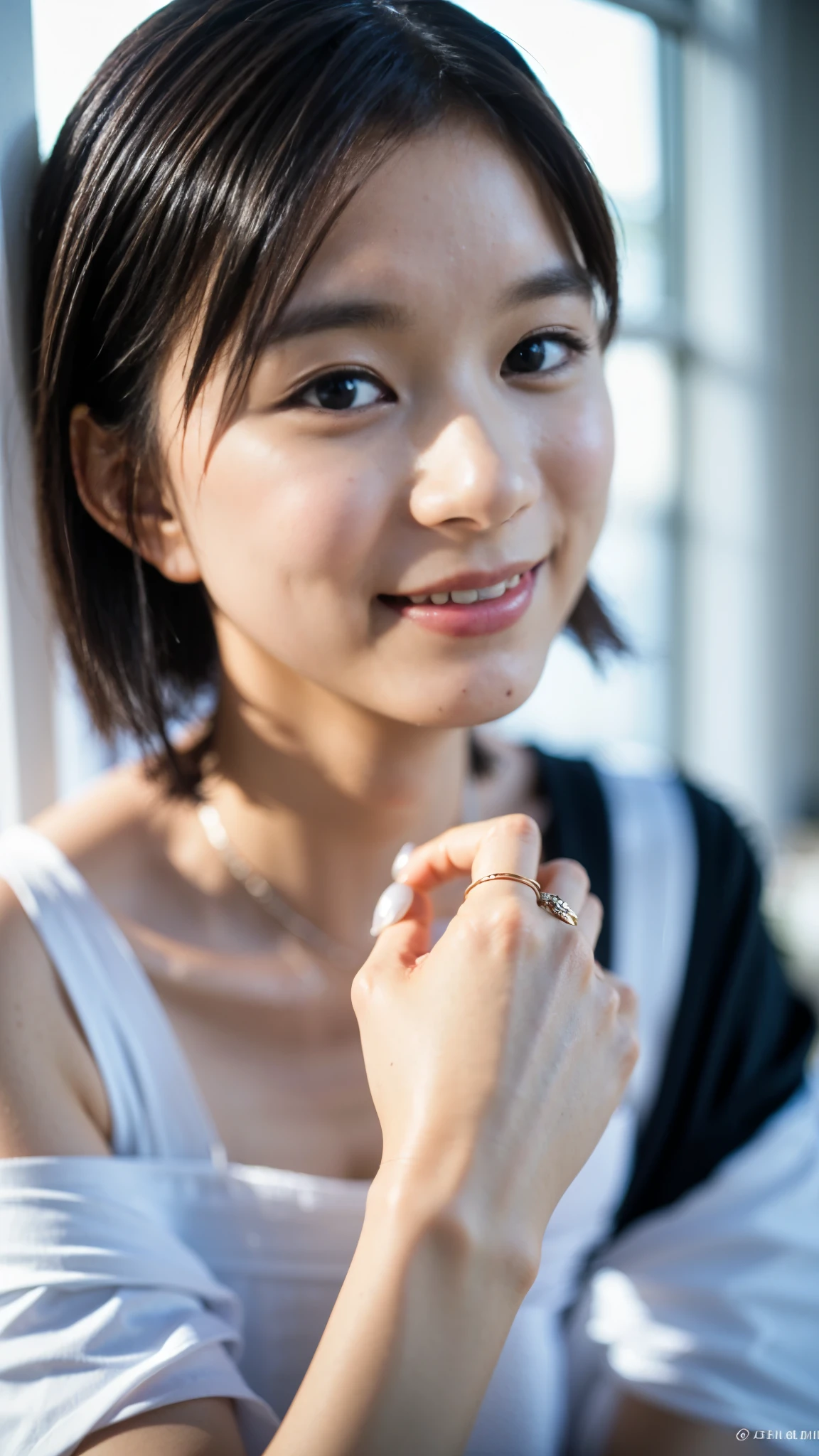 Best Quality,masterpiece,Ultra-high resolution,High-definition RAW color photos,Professional photos,Natural skin texture,Fine skin,Hyperrealism, Japanese Woman ,Short black hair,(Cute smile,Beautiful white skin,Around town,white off-shoulder chiffon dress,(gigantic breast,face focus,Close-up of face))