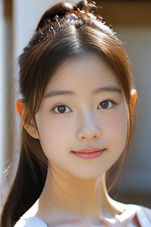 (A photo of your face:1.25), , (Baby Face:1.4), (Round face:1.4), One Japanese woman, beautiful girl, Pretty face, (View your viewers), (Standing facing the camera), (smile), (Beige tank top)、(Pure white background:1.2)