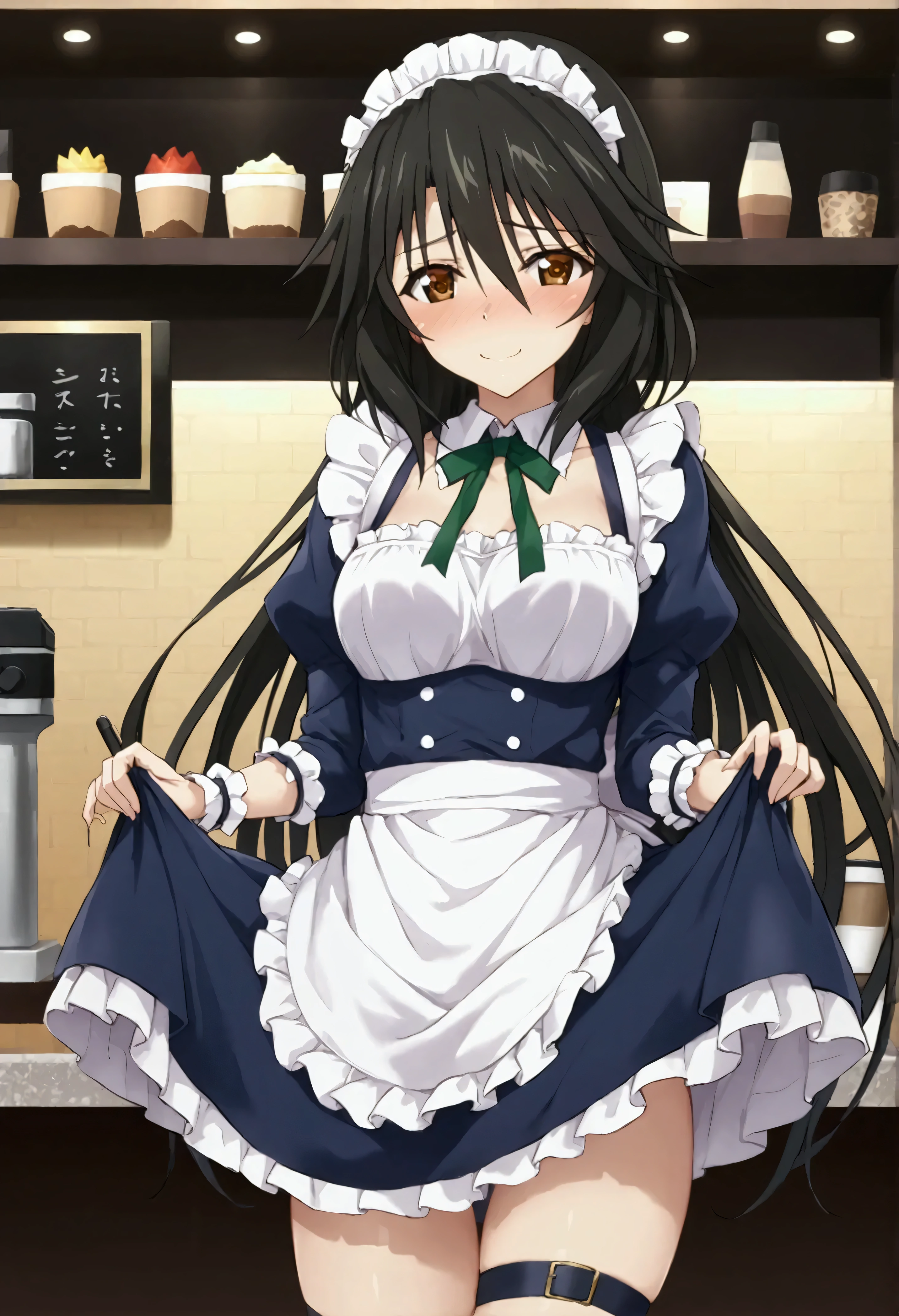 NSFW,masterpiece,Best Quality,High resolution, very detailed,Chifuyu Orimaru\(Infinite Stratos\),Long Hair、bangs、Black Hair、Hair between the eyes、 Brown Eyes ,Maid uniform,Maid Headband, Thigh Straps,Coffee shop,Embarrassed,blush,smile,Skirt Lift