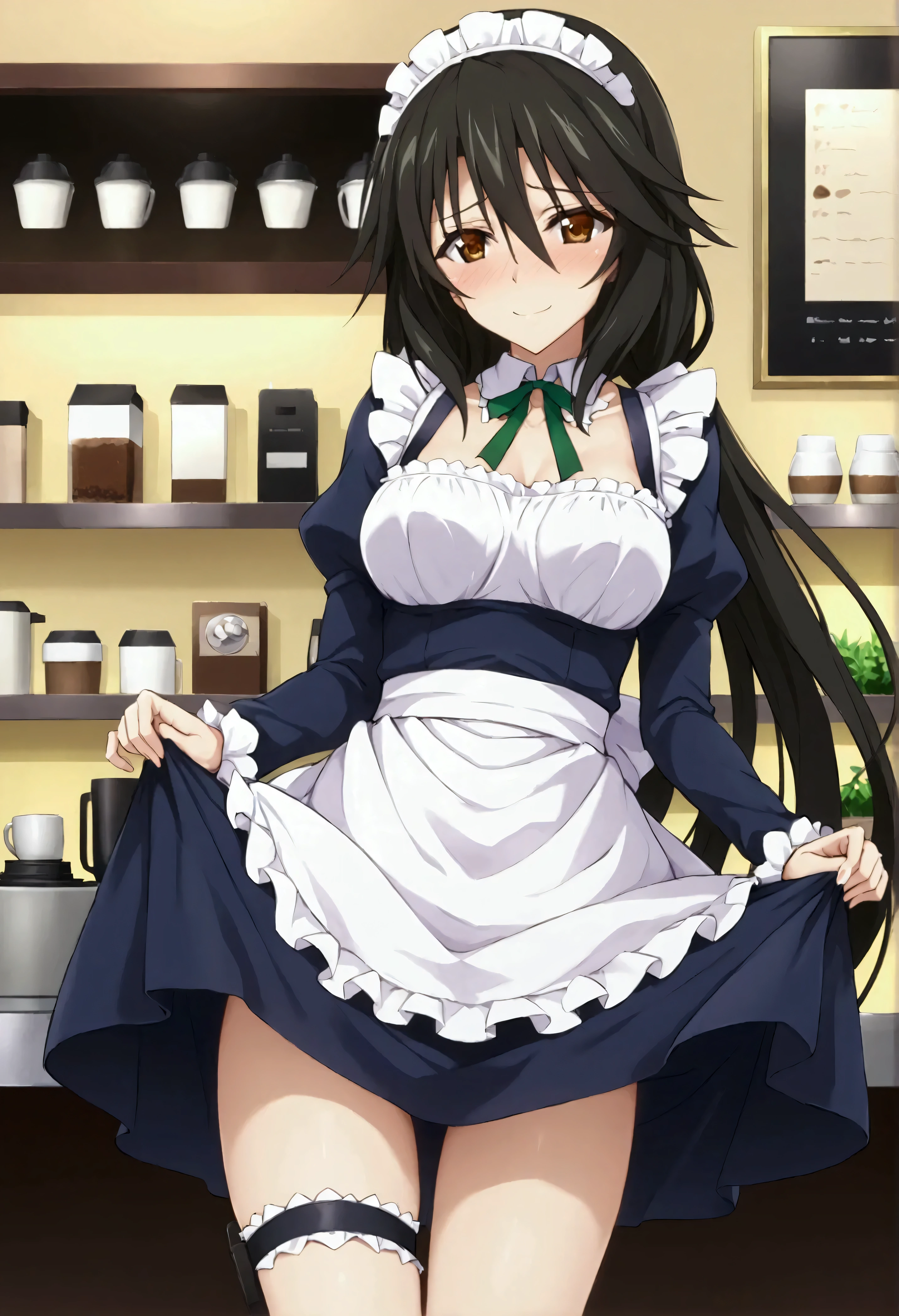 NSFW,masterpiece,Best Quality,High resolution, very detailed,Chifuyu Orimaru\( Infinite Stratos\),Long Hair、bangs、Black Hair、Hair between the eyes、 Brown Eyes ,Maid uniform,Maid Headband, Thigh Straps,Coffee shop,Embarrassed,blush,smile,Skirt Lift