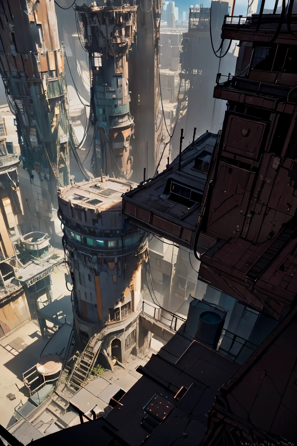  Top view image of a sinuous bridge between a tall tower at the center of a post-apocalyptic North American canyon and another building,  view of the entire dark desert ,  there is a reinforced concrete walkway connecting two buildings on the horizon ,  has many power cables hanging from the bridge , high voltage wires falling from the bridge,  the desert has canyons on the horizon ,  buildings high on the horizon and everywhere , has smoking structures, abandoned cars on the streets, desert megalopolis, tall buildings collapsing to the ground, many buildings destroyed around, sol da tarde, dark gray sky, visible sunset , dark night in the sky,  2 planets visible in the blue-gray atmosphere , THERE IS A GIRL DRESSED IN A HOOD WALKING DOWN THE STREET, as realistic as possible, as detailed as possible, as realistic as possible, ultra realism