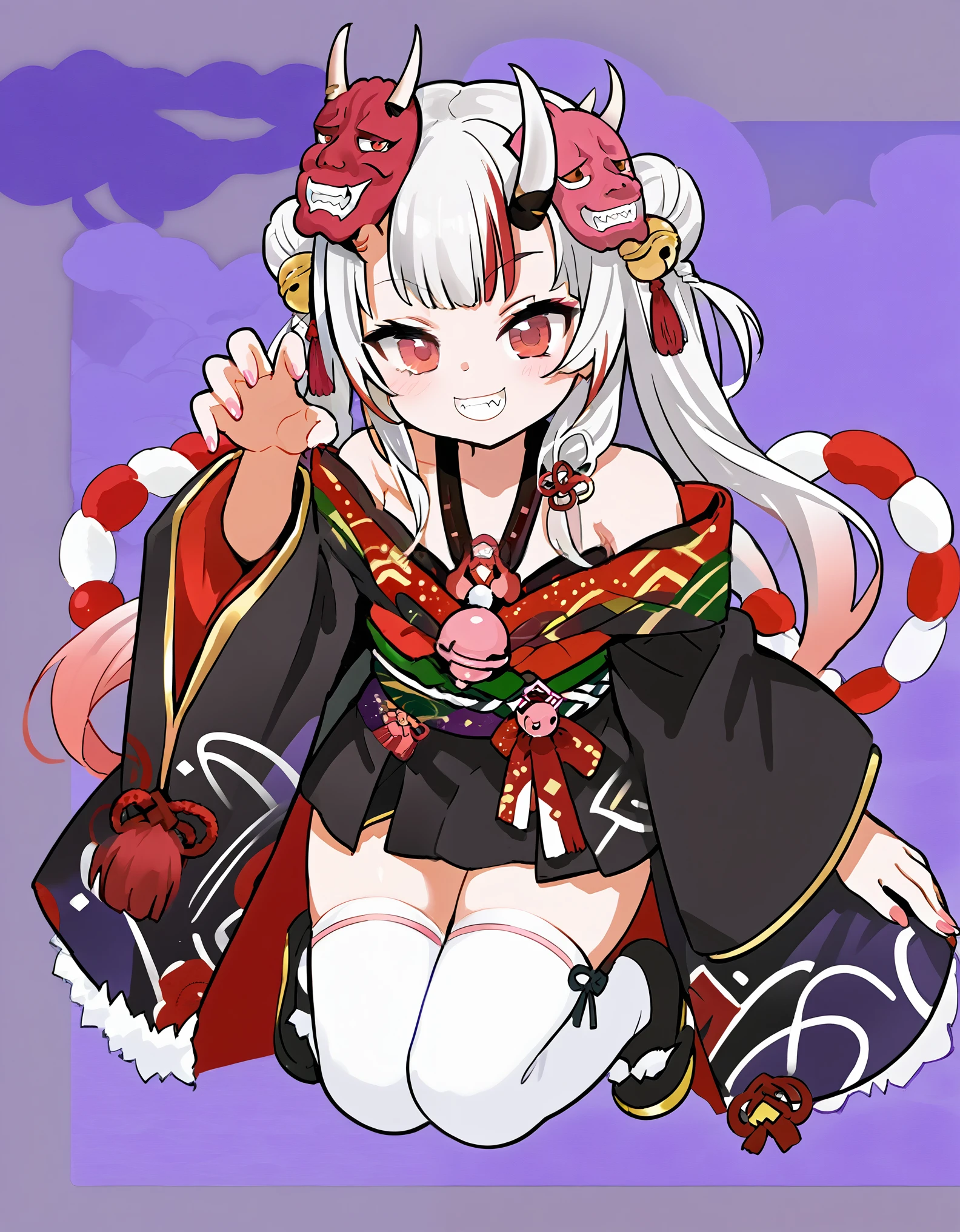 1girl, Anime Girls, (((gyaru))), bimbo, full body, (animal pose), five fingers, perfect hands,
asanagi style, mesugaki, pale skin, Wicked Smile, evil grin,
AyameBase, oni horns, long hair, double bun, black kimono, short kimono, hair bell, obi, shimenawa, white thighhighs, bare shoulders, long sleeves, oni mask, mask on head, bimbo, ((dim body)), flat_chest, 
looking at viewer, curvy, lewd, cute, ero, ecchi,
Score_9,Score_8,score_7_up,source_anime, rating_questionable, 
