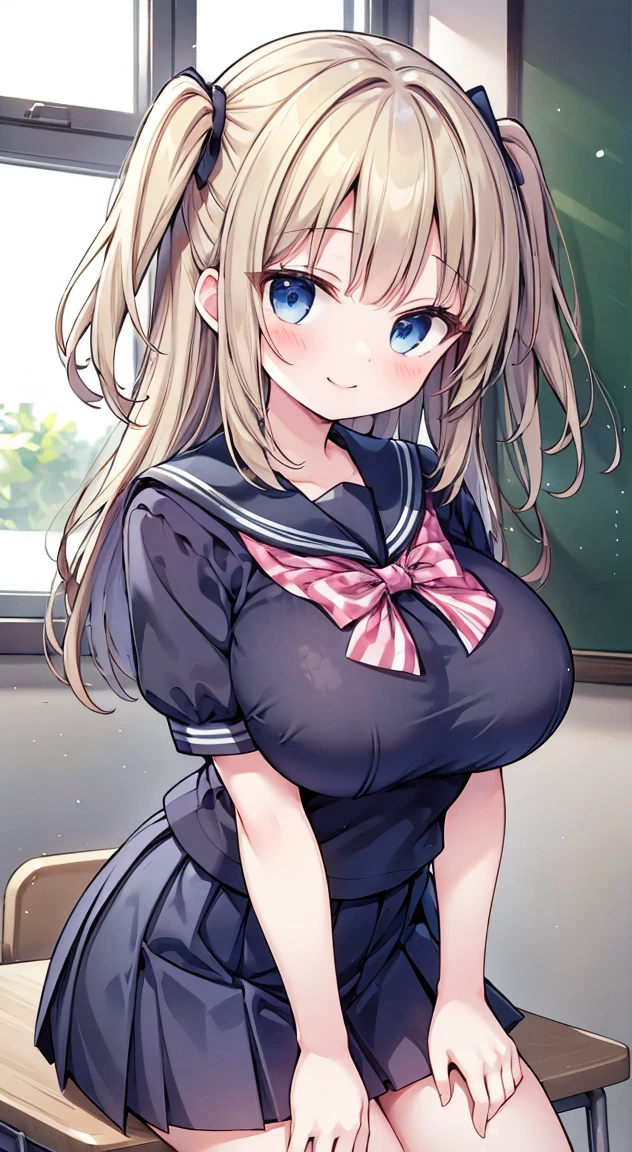 Highest quality,masterpiece,One person,Blonde,two-sideup hair,Schoolgirl uniform,Short sleeve,mini skirt,Large Breasts,smile,classroom,