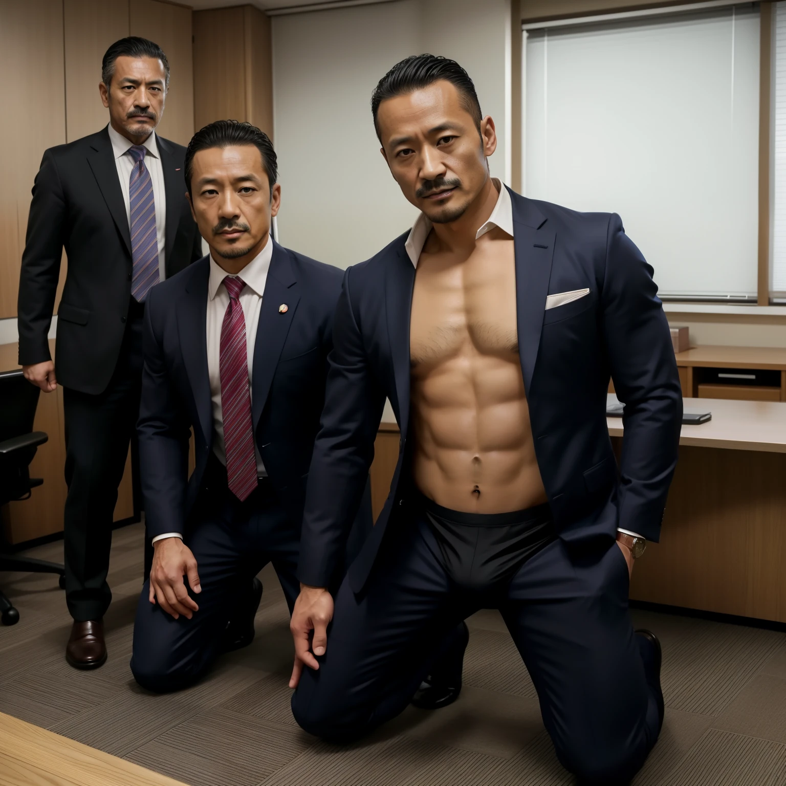 50yearsold，Hidetoshi Nakata，（Kogoro Mouri 1.3），Shirtless，Tong，Bulge，office room，black long socks，Thin，musculature，lbeard，fortitude，artwork of a，tmasterpiece，k hd，ssmile，Red thong，Two people kissing