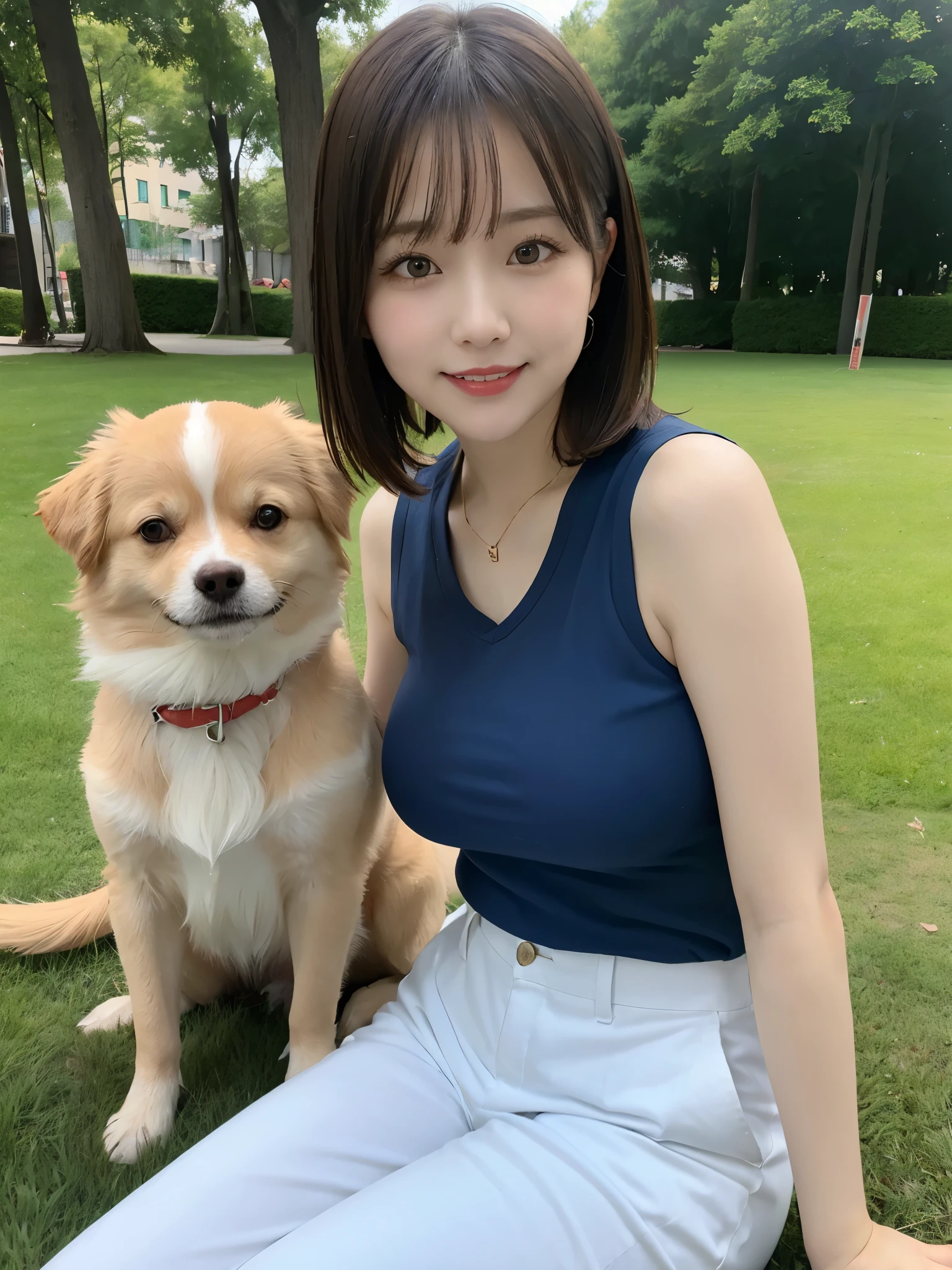 Tabletop, Highest quality, Realistic, In detail, High resolution, 8k wallpaper, Perfect dynamic composition, Beautiful attention to detail, (Biologically Correct Limbs, refer, nail), short hair, Shiny Hair, Big ample breasts ,touch her breasts, (retro color, Cute Sleeveless T-Shirts, Cute Chino Pants)、Cute Pumps, (Breast bulge:1.3)、Laughter、(Park scenery、Grass), sunny, Sitting, , 23 years old, only, (Droopy eyes)、Adult Beauty、Japanese women、(dogと散歩, dog, Pomeranian, 小型dog), dogを見て, Side view,
