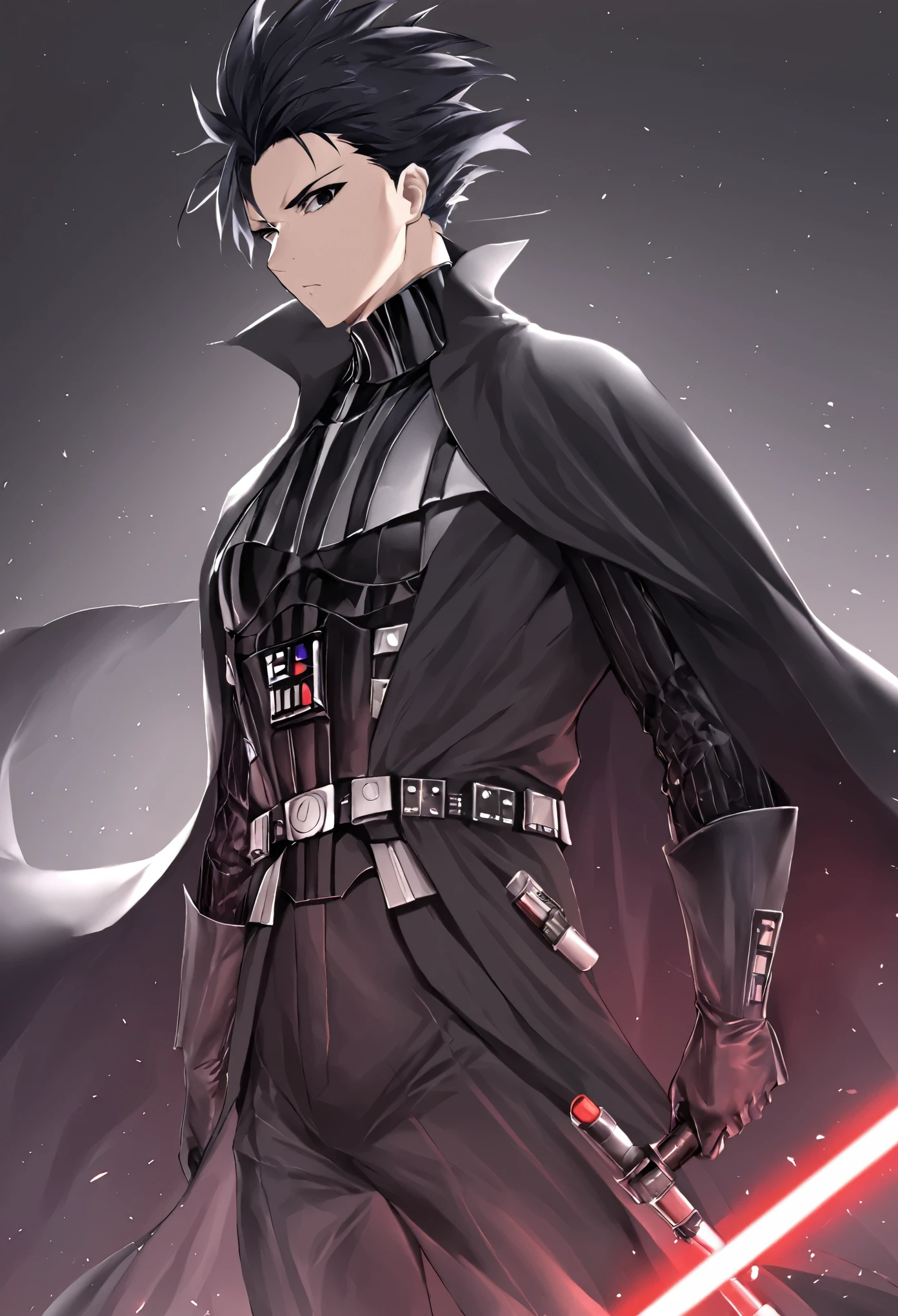 1boy, male focus, ponyzeldris, black hair, short hair, spiked hair, black eyes, muscular, Darth vader suit, red light saber