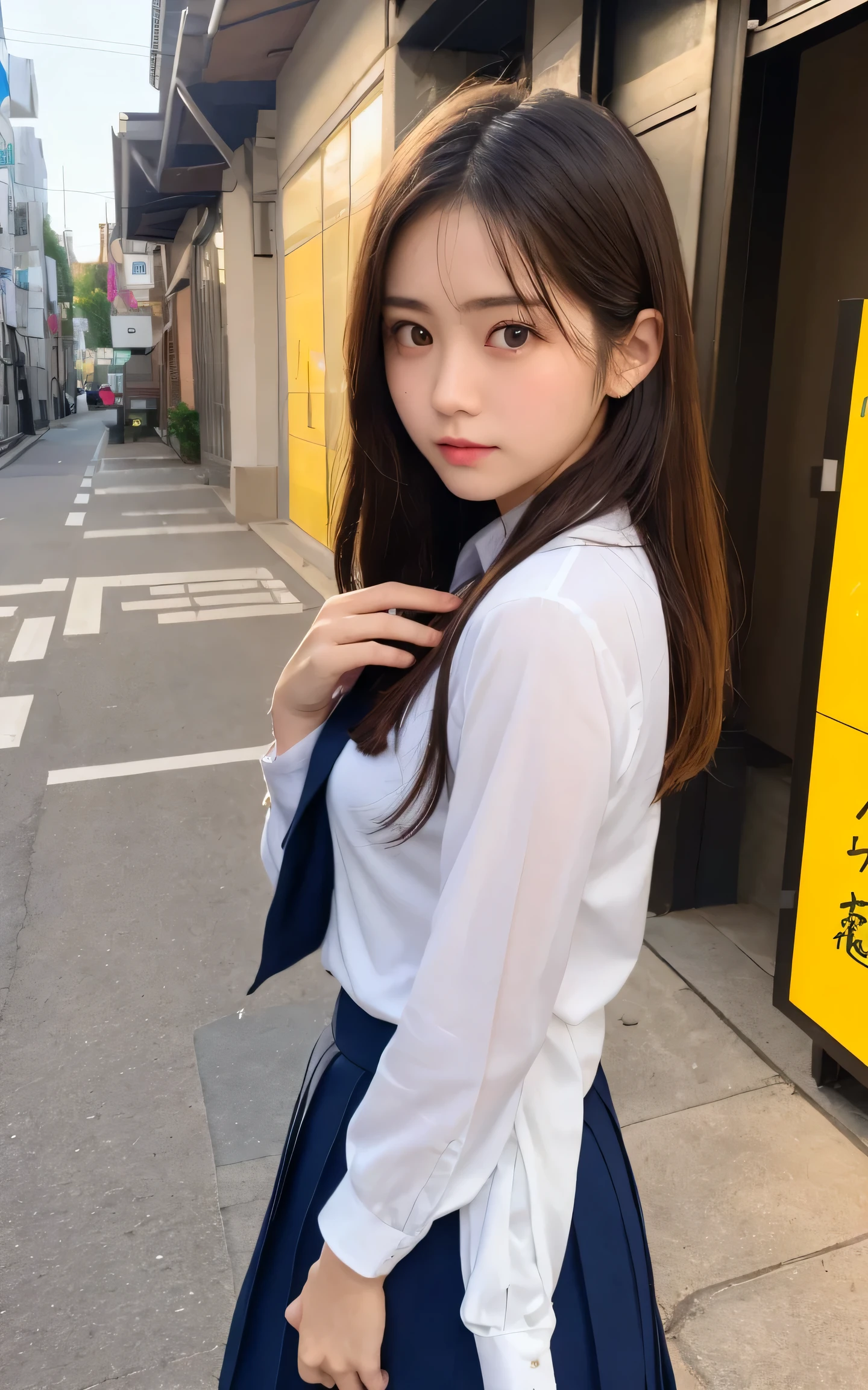 mix4, (16 K, Raw photography, Top image quality, masterpiece: 1.45), (realisitic, Photorealsitic: 1.37), one girls, 7.5, etc,cute little, A city scape,, profetional lighting, photon maping, Downtown Shibuya, physically-based renderingt, Gradient dark brown hair,pony tail hairstyle, a handsome, Well-groomed and beautiful eyes、二重まぶた、girl with, (((student clothes、Long sleeve shirt worn by Japan high school girl、Cardigan、neck tie、Dark blue mini skirt,、Dark blue knee-high socks、Black loafers))), Top Quality Photos, hight resolution, 1080p, (clearface), (Detailed face description), (Detailed hand description), (masterpiece), (Exquisite CG)、extreme light and shadows、dishevled hair、master work、abundant detail、(Fine facial features)、(top quality photo)、(masuter piece)、(A detailed eye)、Look in front of you、Fine clavicle、((Slender big))、(((Japan schoolgirl wears a long-sleeved shirt)))、((Neat and clean idol))、((Gingko tree-lined shopping street))、(Shooting from random perspectives)、(((Anyway cute)))、耳Nipple Ring、A big smile、Drawing the whole body from the knees、Do not draw nasolabial folds、(((Sports bags used by Japan schoolgirls)))、(Big breasts that hang down big:1.2)、Big buttocks with tension、Two arms and two legs、(((from the front side:0.4)))、bare hand、