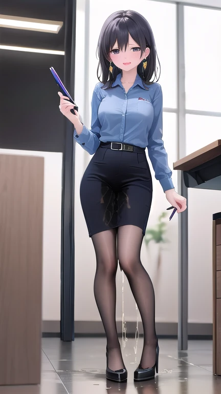 (solo:1.4), masterpiece, best quality,
douki-chan, office lady, blue shirt, high-waist skirt, pencil skirt, miniskirt, (black pantyhose), jewelry, earrings, high heels,
(full body:1.2), clothed,
standing, holding book, holding pencil,
nice angle, 
, ((peeing self))Pee all over the body、Urine、the whole body is wet