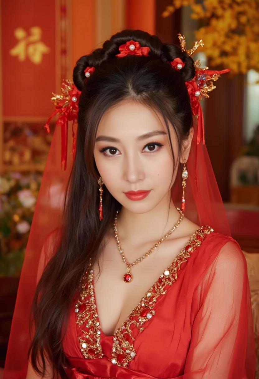  Very Long Hair ,（（（The eyes are very delicate）））（（（Hair accessories）））（（（veil）））,necklace, Misako wears a red transparent sexy silk dress, ((Radiant skin))The room is full of Chinese New Year decorations （（（masterpiece）））, （（ Best quality））, （（ intricate details ））, （（ surrealism ））（8K）, Change