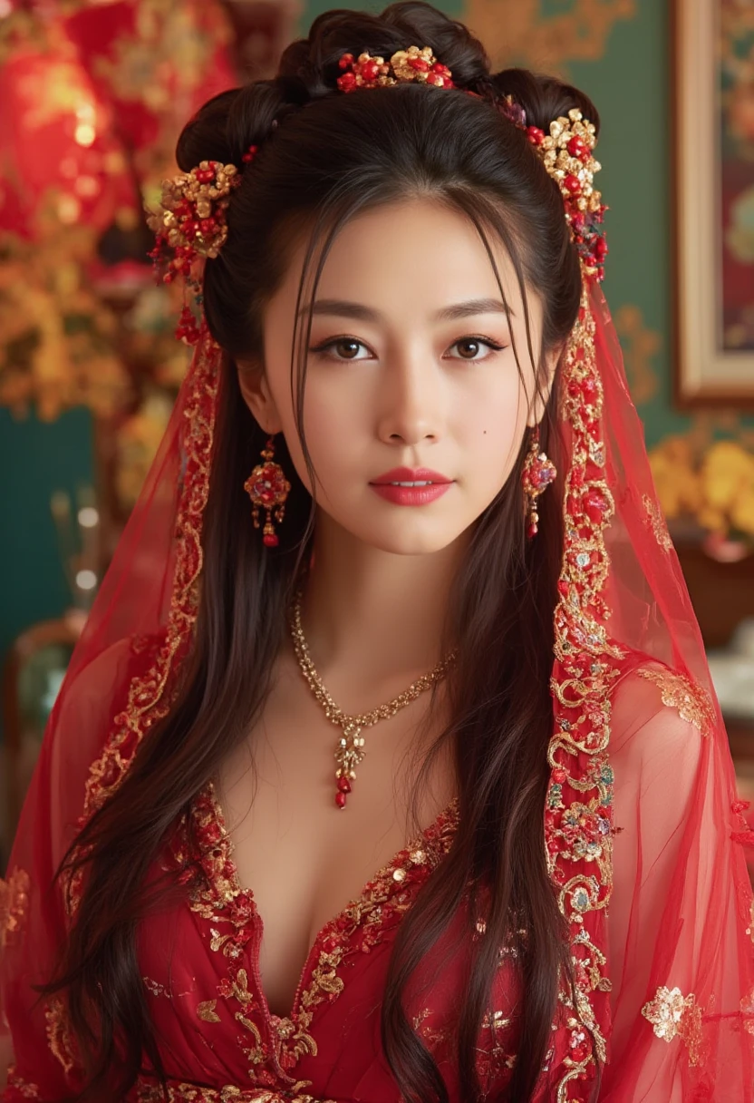  Very Long Hair ,（（（The eyes are very delicate）））（（（Hair accessories）））（（（veil）））,necklace, Misako wears a red transparent sexy silk dress, ((Radiant skin))The room is full of Chinese New Year decorations （（（masterpiece）））, （（ Best quality））, （（ intricate details ））, （（ surrealism ））（8K）, Change