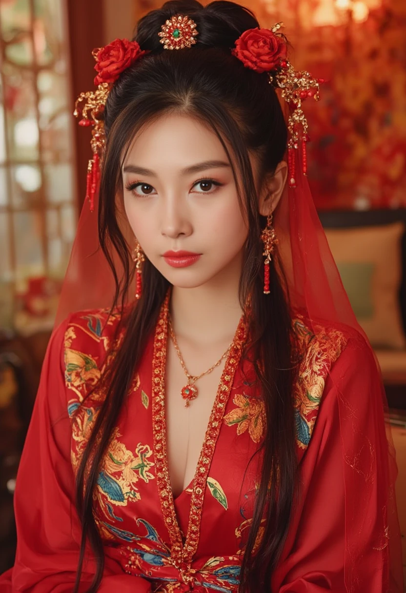  Very Long Hair ,（（（The eyes are very delicate）））（（（Hair accessories）））（（（veil）））,necklace, Misako wears a red transparent sexy silk dress, ((Radiant skin))The room is full of Chinese New Year decorations （（（masterpiece）））, （（ Best quality））, （（ intricate details ））, （（ surrealism ））（8K）, Change