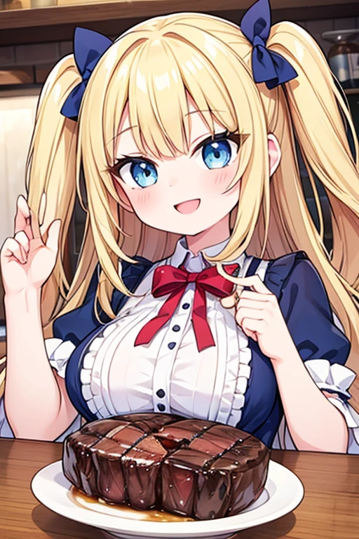 A happy smile,Large serving of beef steaks,large amount of steak,Highest quality,Blonde with blue eyes、Lolita、Small breasts、two-sideup hair,girl&#39;enjoy,smile,bonnet,