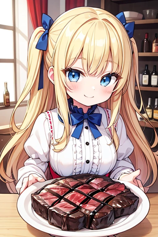 A happy smile,Large serving of beef steaks,large amount of steak,Highest quality,Blonde with blue eyes、Lolita、Small breasts、two-sideup hair,girl&#39;enjoy,smile,bonnet,