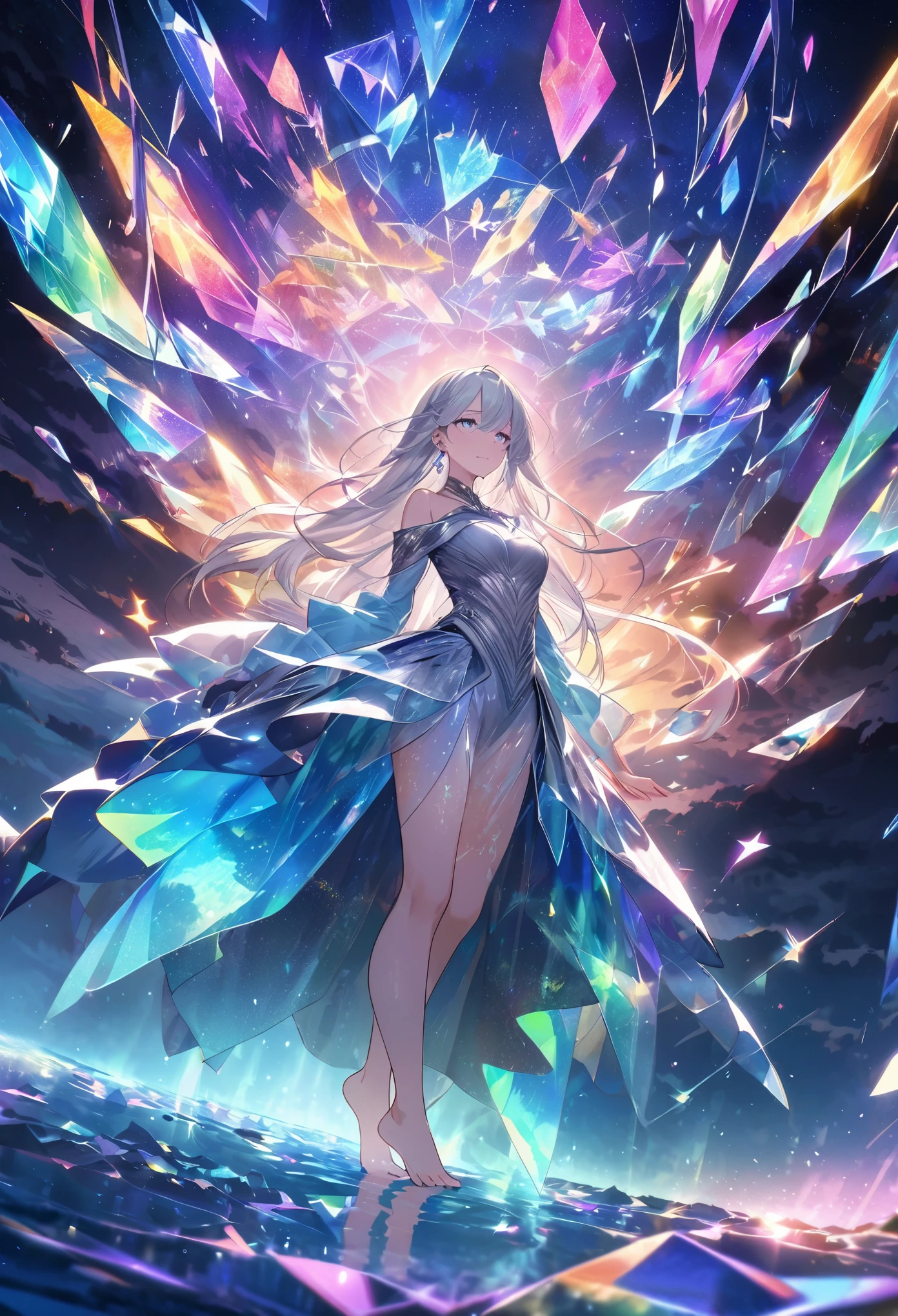 A mesmerizing woman with silver hair flowing like liquid metal, dressed in a gown made of interlocking glass shards that reflect every color of the sunset. She stands at the center of a spiraling, floating island made of crystal and stone, suspended in a twilight sky. Around her, translucent birds with glowing wings fly in perfect circles, creating a symphony of light. The sky is streaked with auroras, and beneath her bare feet, the ground pulses with faint blue energy, as if the island itself is alive. Her piercing gaze draws you into a dreamlike world of pure fantasy and wonder