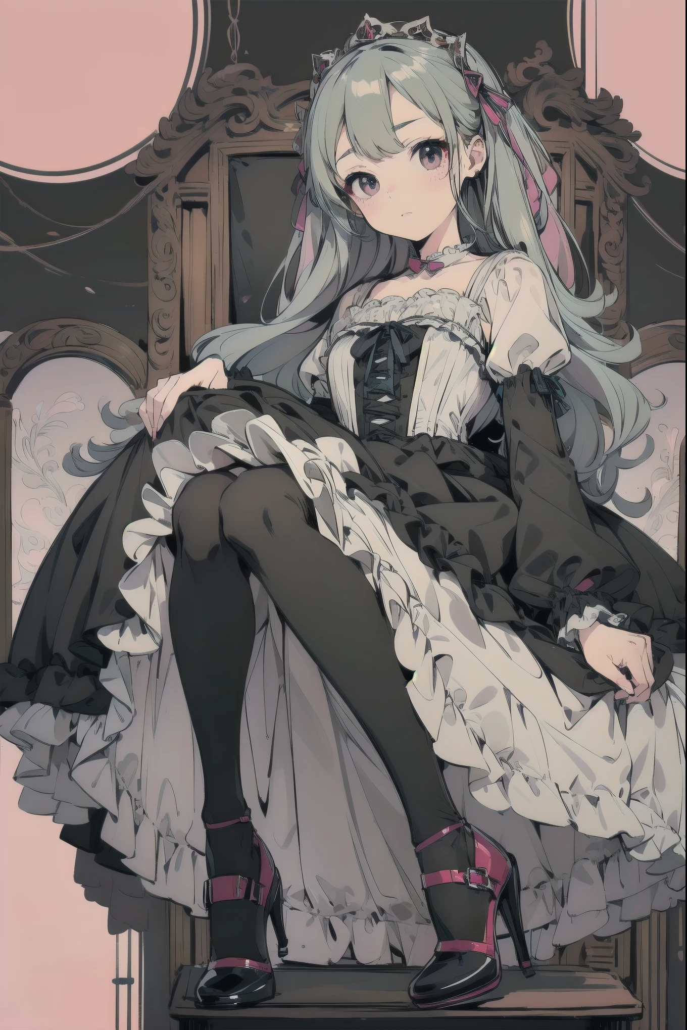 masterpiece, one person, very beautiful, cute, adorable, shy, one person, look at the viewer, look up, kawaii tech, pastel colors, very beautiful, cute, adorable, shy, less revealing pretty dress, ruffle, lace, ribbon, corset, (black tights:1.2), Cinderella's shoes
