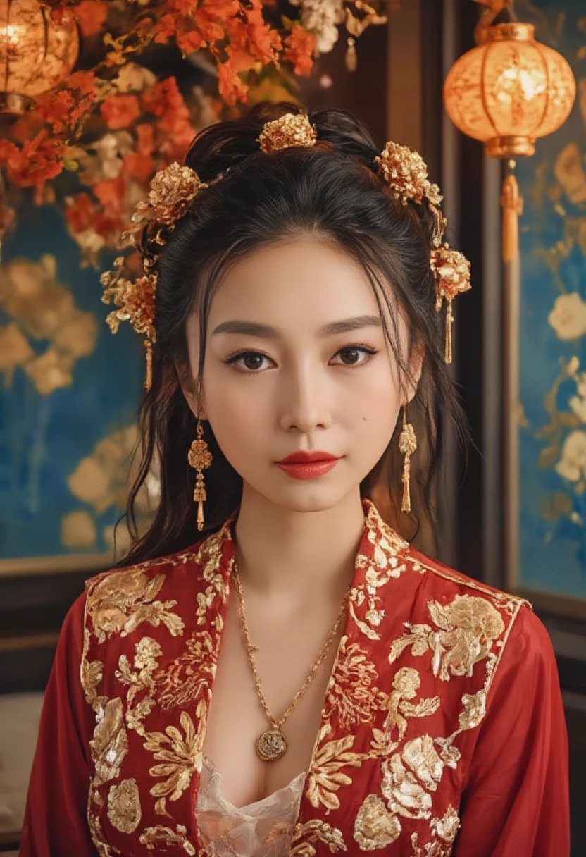  Very Long Hair ,（（（The eyes are very delicate）））（（（Hair accessories）））（（（veil）））,necklace, Misako wears a red transparent sexy silk dress, ((Radiant skin))The room is full of Chinese New Year decorations （（（masterpiece）））, （（ Best quality））, （（ intricate details ））, （（ surrealism ））（8K）, Change