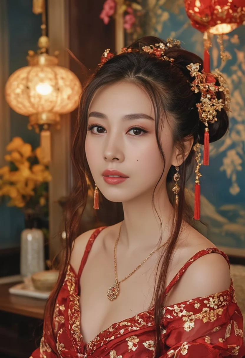  Very Long Hair ,（（（The eyes are very delicate）））（（（Hair accessories）））（（（veil）））,necklace, Misako wears a red transparent sexy silk dress, ((Radiant skin))The room is full of Chinese New Year decorations （（（masterpiece）））, （（ Best quality））, （（ intricate details ））, （（ surrealism ））（8K）, Change