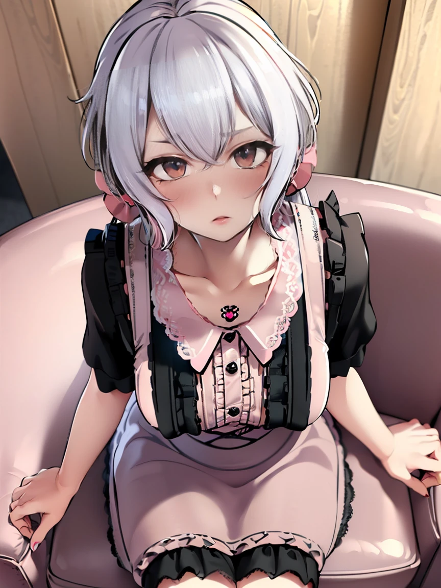 RAW Photos, 8k, (top-quality), Realistic, ( live action , Intricate details), (Natural skin texture, Detailed skin, Hyperrealism, Sharpness), Yukine Chris,(  girl sitting in cafe， hand on cafe table ), (( pink lace short sleeve shirt ，Sailor collar， black ruffle skirt ，black cute skirt )), (Huge breasts, Pale skin:1.2, Slender body), ((length, Silver Hair、Twin tail hair, Short bangs)), (Attractive face, Open your lips:1.3, Sagging skin under the eyes:1.2, Red thick lips),  graffiti:1.5, At night, Spot Lighting:1.3,  upper body