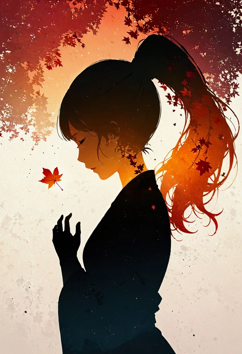 Silhouette Art,Autumn leaves pattern on woman silhouette isolated on white background,(female silhouette: kimono: In the same way: Long ponytail:  dynamic poses ),女性のシルエットにのみAutumn leaves patternを描く.,break,Autumn leaves pattern: Yellow and orange gradient: Overlapping transparent autumn leaves: Overlapping Layers: Vibrant colors: Sparkling,break,Vector art, draw the moon and autumn leaves on a white background in very light colors,(masterpiece:1.3),(Best Quality:1.4),(Super detailed:1.5),High resolution,Extremely detailed,Unity 8K Wallpaper