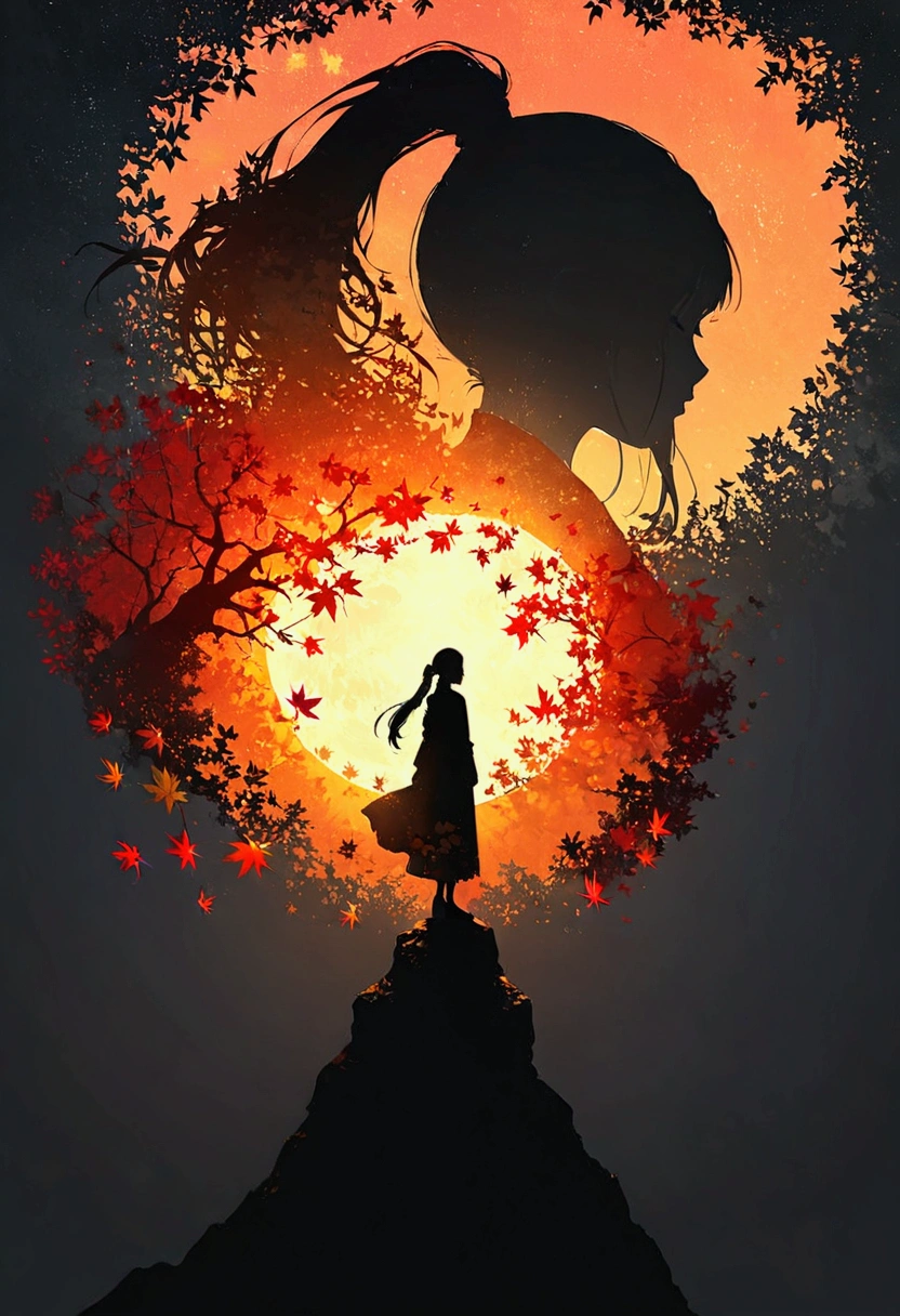 Silhouette Art,Autumn leaves pattern on woman silhouette isolated on white background,(female silhouette: kimono: In the same way: Long ponytail:  dynamic poses ),女性のシルエットにのみAutumn leaves patternを描く.,break,Autumn leaves pattern: Yellow and orange gradient: Overlapping transparent autumn leaves: Overlapping Layers: Vibrant colors: Sparkling,break,Vector art, draw the moon and autumn leaves on a white background in very light colors,(masterpiece:1.3),(Best Quality:1.4),(Super detailed:1.5),High resolution,Extremely detailed,Unity 8K Wallpaper