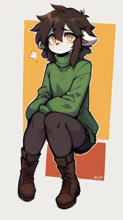 homestuck nepeta, olive green long jacket touching the floor, red orange yellow horns, blue flap hat with white cat face, black shirt with olive green leo sign, gray cargo pants, blue paw shows, gray fingerless gloves, yellow nails, cat shaped mouth with two fangs on side, short black fluffy hair, blue cat tail, fluffy eyelashes, gray skin, black eyes, yellow sclera