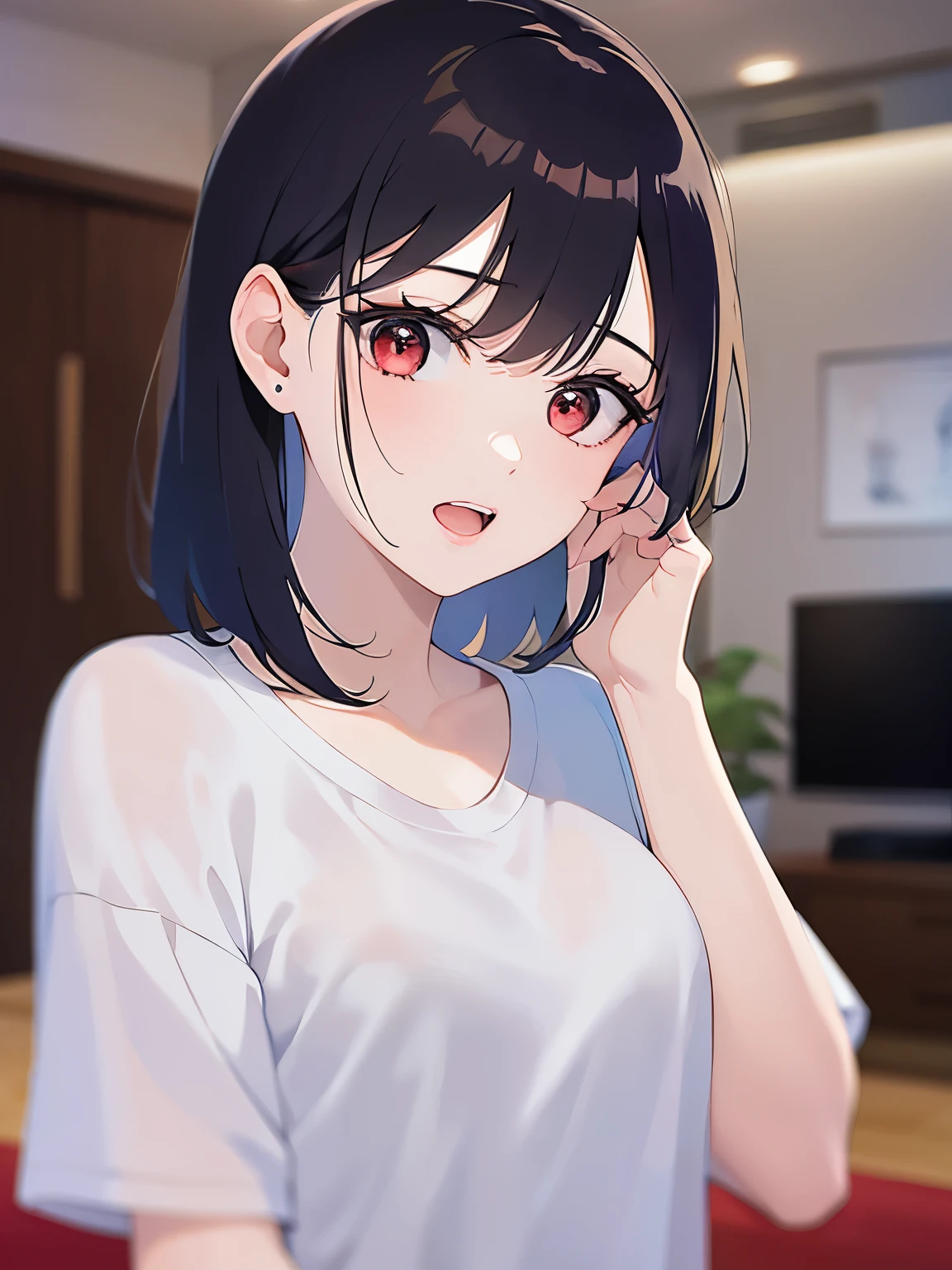 upper body,hand on own face,
(pale skin:1.2), shiny skin, shiny hair、(A 40-year-old woman:1.5) and (bob cut) and (hair between eyes) and (black hair) and (red eyes), 
over size t-shirt、oversized clothes,white shirt,
（blush:1.5）,open mouth,
The background is the living room at night、（alone:1.5）