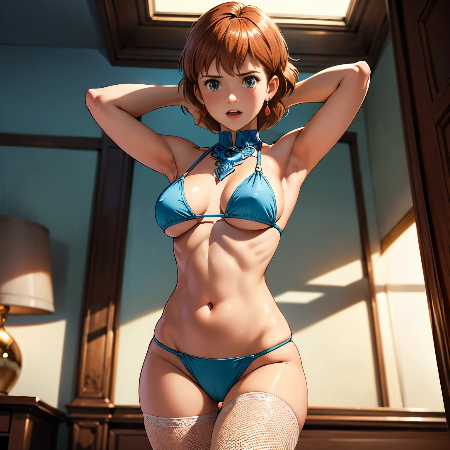 (masterpiece, best quality:1.2),((photoreal:1.1)),perfect anatomy,((solo:1.5)), ((alone:1.4)),((1 middle age woman:1.5)),perfect eyes, ((looking at viewer:1.4)),((horizontal angle)),((straight-on:1.4)),((view from front:1.4)),shooting from front,lighting to face,((small breasts)),(sagging small breasts:1.2),((Piutuary small breasts:1.1)),(muscular:1.2),((do not hide your crotch:1.4)),(cod lips),((squatting:1.3)),((spreading your legs wide:1.3)),(holding your head high),((hands on your hip bone:1.4)),delicate and beautiful,((bare shoulders)),((bare legs:1.4)),BREAK ((neon orange bikini:1.3)),high heel,