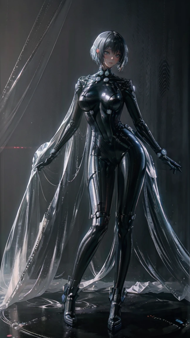 、The whole body is visible、Full body view、Head to toe drawing、beautiful, Shiny futuristic woman, Complex Circuits, Neon-like colors,   cyberpunk style  , Advanced Technology,   digital art, Advanced Details, Realistic,  dramatic lighting,   dynamic poses  , Mysterious, Mysterious, Attractive
