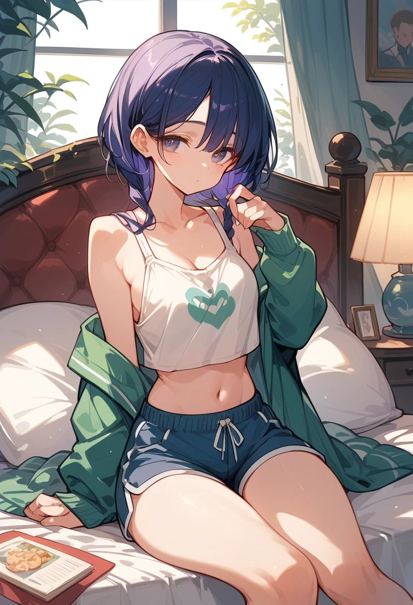 ngAyane, purple hair, red eyes, headband, medium breasts, cleavage, parted lips, white shirt, loose athletic shorts, panty peek,
hot, sweating, navel, nobra, see-through, underboob, legs apart, inner thigh
indoors, sitting, relaxing, fanning face, leaning back, exhausted, sweat
<lora:detail_slider_v4:2.0> <lora:doaayane-novowels:0.7>