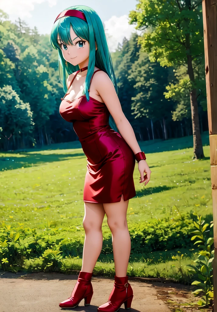 (Anime:1.3), highdetail, Bulla, 1girl, aqua hair, solo, red headband, red dress, (acclaimed, alluring, captivating, exciting, gorgeous, striking:1.3), (trending on artstation:1.3), field and forest, smile, looking at viewers