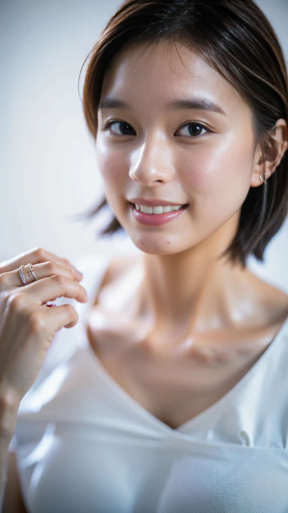 Best Quality,masterpiece,Ultra-high resolution,High-definition RAW color photos,Professional photos,Natural skin texture,Fine skin,Hyperrealism, Japanese Woman ,Short black hair,(Cute smile,Beautiful white skin,Around town,white off-shoulder chiffon dress,Cleavage,(gigantic breast,face focus,Close-up of face))