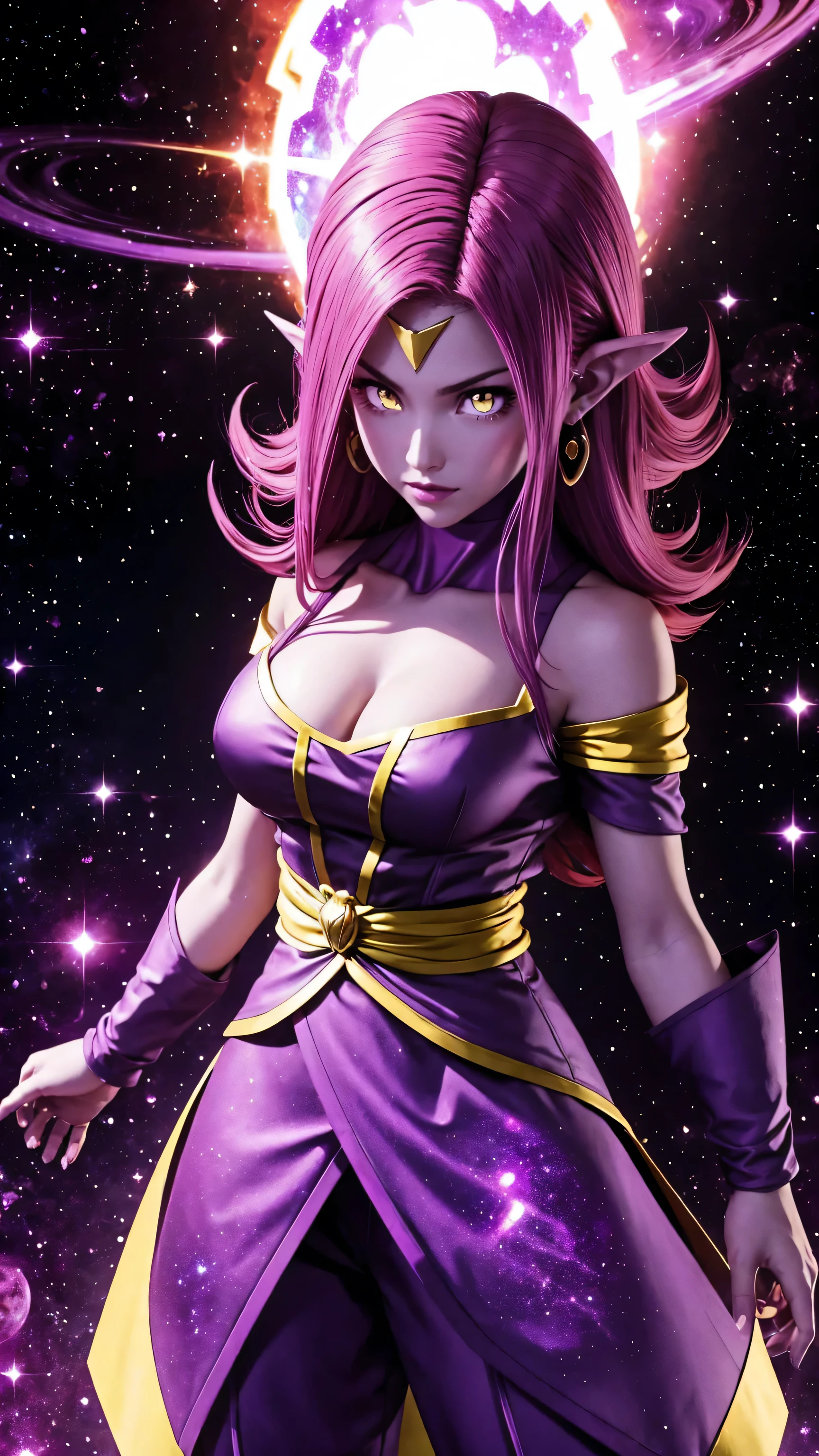 A Daphne Dark super Saiyan with purple hair and shining purple eyes holding a galaxy