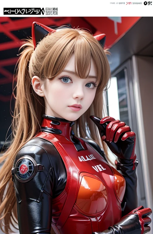 ((Best quality)), ((Masterpiece)), (Details: 1.4), 3D, Asuka Langley Soryu, Asuka, high resolution (high dynamic range), ray tracing, NVIDIA, super resolution, Unreal 5, subsurface scattering ,PBR texturing, post-processing, anisotropic filtering, depth of field, maximum sharpness and sharpness, multi-layered textures, albedo and specular maps, surface shading, accurate simulation of light and matter interaction, perfect proportions ,Octane Rendering,Two-Tone Lighting,Wide Aperture,Low ISO,White Balance,Rule of Thirds,8K RAW,(Masterpiece: 1.4, Best Quality), (Intricate Details), Unity8k Wallpaper, Highly Detailed, Beautiful and Mysterious, Details background, realistic, alone, perfectly detailed face, detailed blue eyes, highly detailed, blush, hair ornament, chignon mahogany hair, (blonde), plug suit 02, Shikinami Asuka Langley, Evangelion, Slender 15-year-old girl, full body suit, black background, above the waist,composition that shows the whole body,